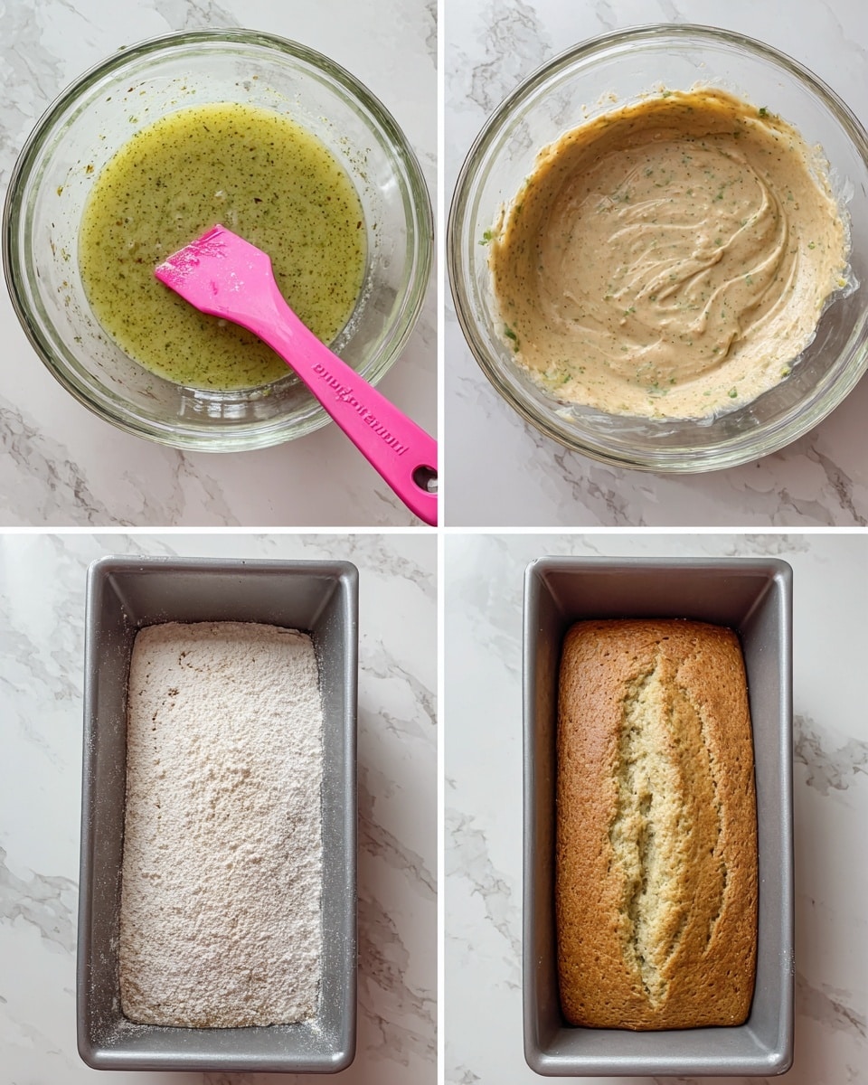 The image shows four stages of making a baked loaf. The first image has a clear glass bowl with a green, watery mixture with small bits in it and a pink spatula resting inside, placed on a white marbled surface. The second image shows the same bowl but now with a thicker, beige batter that has green specks mixed throughout, with the pink spatula partly dipped in it. The third image shows a gray baking pan filled with a smooth pale dough covered evenly with a fine layer of white powder on top, resting on the white marbled surface. The fourth image shows the same baked loaf in the gray pan, now golden brown with a cracked top and a dusting of light powder still visible, with some darker edges near the pan sides. Photo taken with an iphone --ar 4:5 --v 7