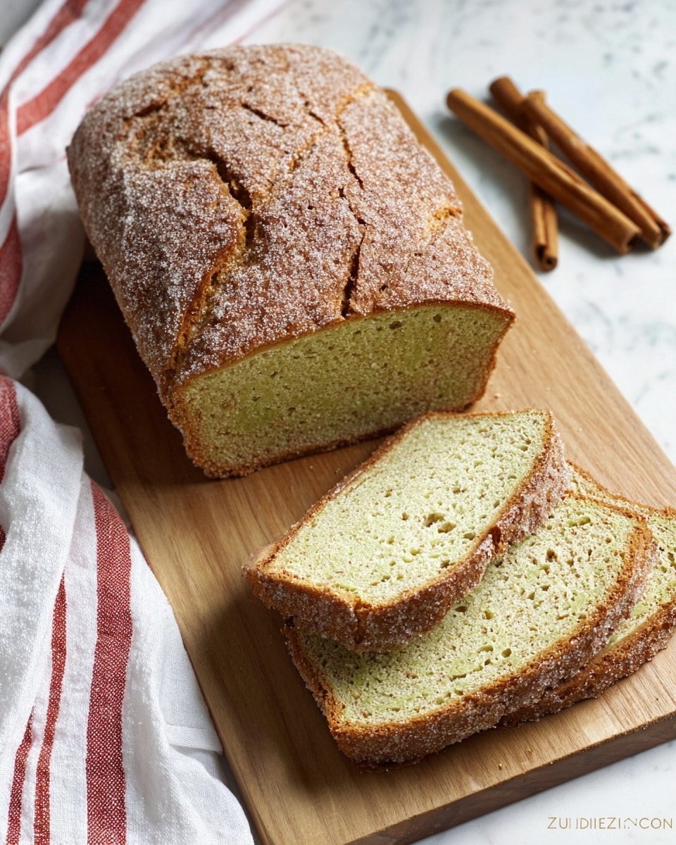 A loaf of light brown bread with a rough, cracked crust dusted with white sugar sits on a wooden cutting board. Two slices are cut from the loaf and lay in front, showing a moist, pale green-specked crumb with a soft texture and small air holes. To the left, a white cloth with red stripes is partly visible on a white marbled surface, and two sticks of cinnamon rest nearby on the same surface. The photo taken with an iphone --ar 4:5 --v 7