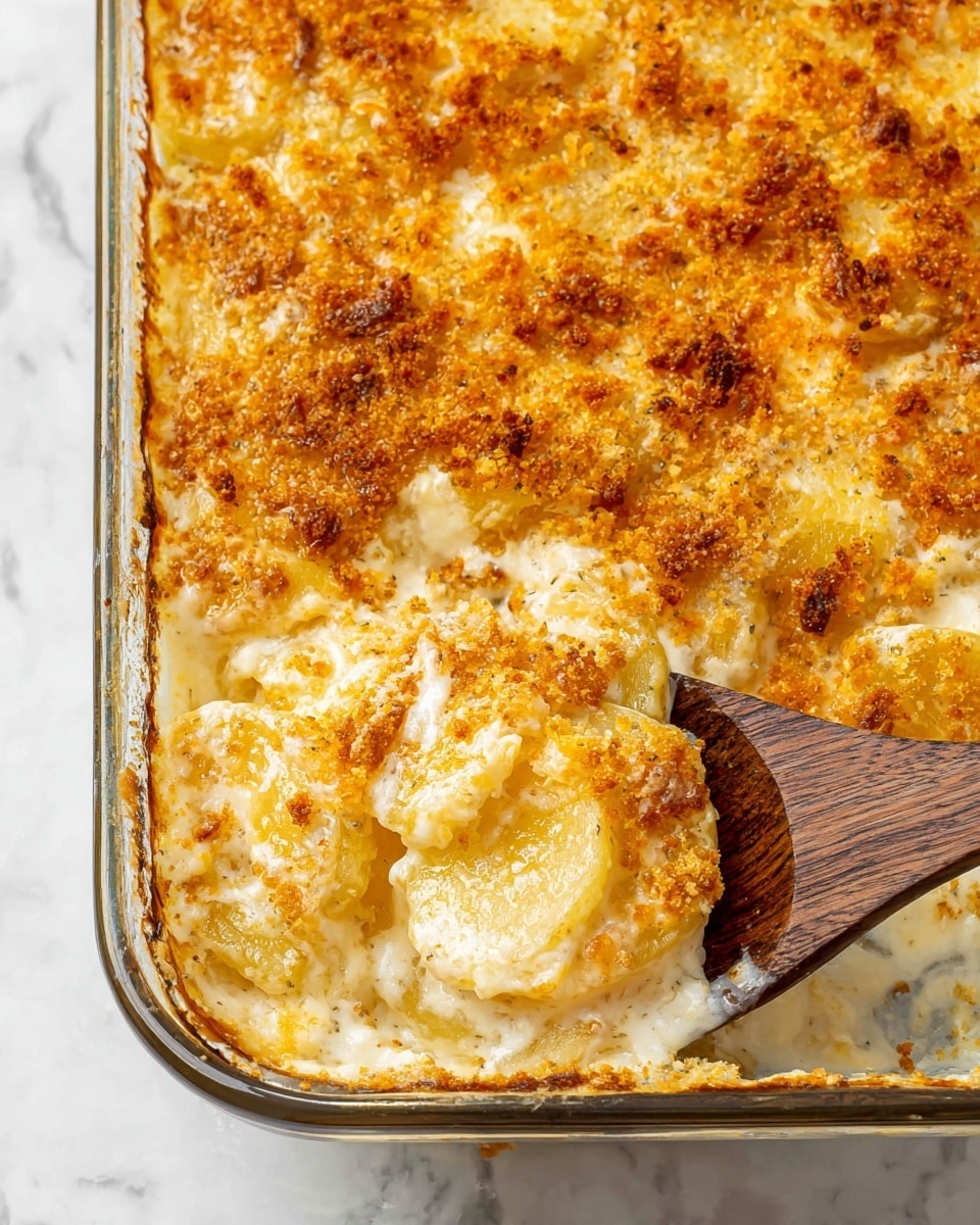 The image shows a close-up of a creamy baked dish in a clear glass rectangular dish on a white marbled surface. The dish has three main layers: the bottom layers are soft, pale yellow sliced potatoes covered with a thick white creamy sauce with melted cheese, and the top layer is a golden brown, crispy breadcrumb crust that looks crunchy. A wooden spoon is scooping a portion from the corner, revealing the soft potatoes under the browned crust. The edges of the dish show slight browning from baking. photo taken with an iphone --ar 4:5 --v 7