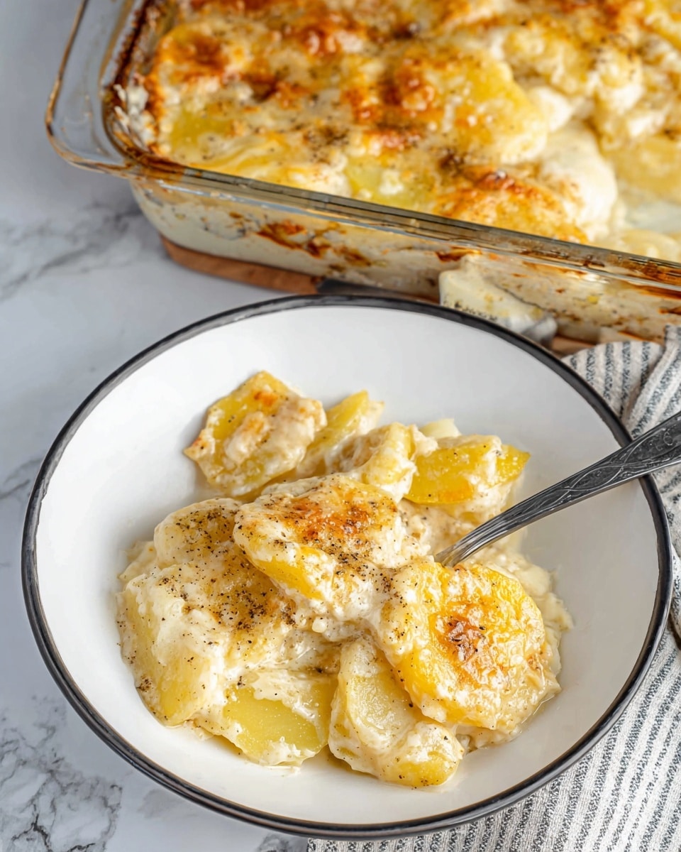 The image shows a close-up of creamy scalloped potatoes served in a white bowl with a thin black rim. The dish has visible layers of soft, yellow potato slices coated in a rich, white cheese sauce with golden browned spots on top. The creamy texture covers each potato slice thickly, and there are specks of black pepper sprinkled throughout. A silver fork rests inside the bowl, partially covered by the potatoes. Above the bowl, part of a clear glass baking dish is visible, filled with the same creamy potato layers, showing some browned edges where the cheese has baked. The background is a white marbled surface with a folded striped cloth nearby. Photo taken with an iphone --ar 4:5 --v 7