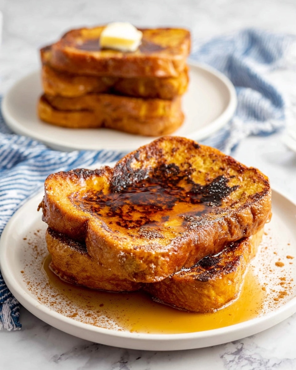 Two thick slices of golden brown French toast are stacked on a round white plate, each slice showing a slightly crispy texture with darker toasted edges and some spots of darker caramelization. A light drizzle of syrup glistens over the toast, pooling slightly at the bottom with a bit of cinnamon sprinkled around the base of the plate. In the background, slightly out of focus, there is another white plate with a taller stack of French toast topped with a small pat of melting butter. The plates sit on a white marbled surface with a blue and white striped cloth napkin partially visible. The photo taken with an iphone --ar 4:5 --v 7