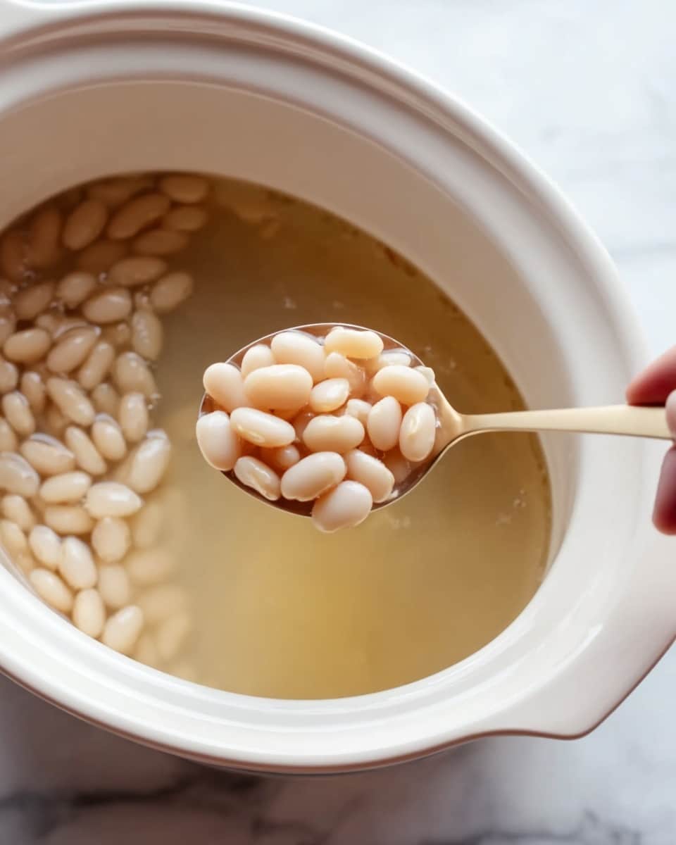A close-up image shows a woman's hand holding a spoon filled with pale white beans above a white slow cooker. Inside the cooker, more pale white beans are visible, soaking in a light, clear liquid. The cooker is set on a white marbled surface, and the overall colors are soft and neutral, focusing on the textures of the beans and the liquid. Photo taken with an iphone --ar 4:5 --v 7