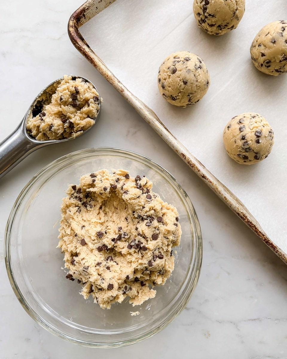 A clear glass bowl filled with chunky, pale beige cookie dough mixed with dark chocolate chips sits on a white marbled surface. To the left of the bowl is a silver cookie scoop with some dough inside, resting on a parchment-lined white baking tray. On the tray, there are four round dough balls, each textured with visible chocolate chips and slightly rough edges, evenly spaced. The scene shows preparation for baking on a clean white marbled background. photo taken with an iphone --ar 4:5 --v 7