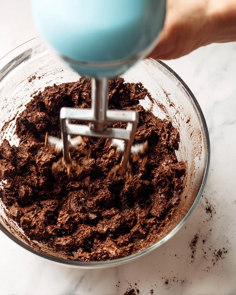 A large clear glass bowl holds a thick, chunky dark brown mixture with rough texture, made of uneven pieces. In the middle, two metal beaters of a mixer are spinning to mix the ingredients. Above the bowl, a light blue part of the hand mixer is visible, held by a woman's hand at the top right corner. The bowl is set on a white marbled surface with some dark powder scattered around it. photo taken with an iphone --ar 4:5 --v 7
