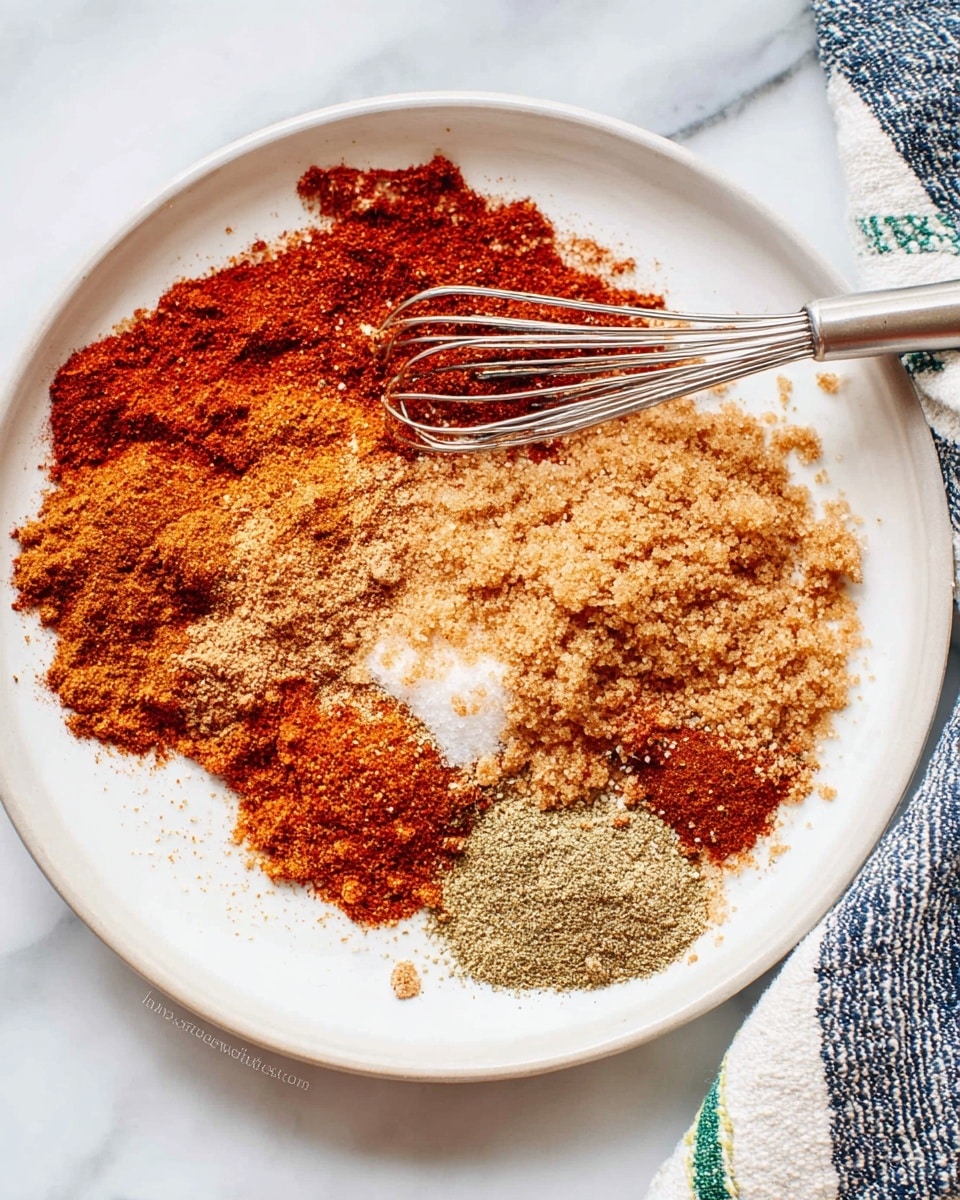 A white plate on a white marbled surface holds a mix of dry spices and brown sugar arranged in separate sections around the plate. The spices show deep red-orange tones, darker brown powder, and light brown granules. A small metal whisk rests on top of the brown sugar section, its shiny wires catching the light. The scene includes part of a striped cloth with blue, green, and white lines visible on the right edge. Photo taken with an iphone --ar 4:5 --v 7