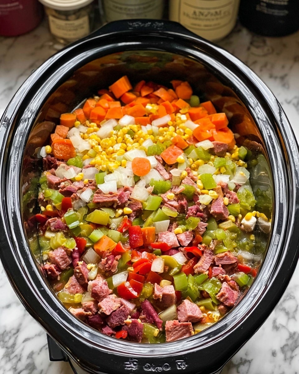 The image shows a large black slow cooker filled with a colorful mix of ingredients. On the top layer, there are chopped vegetables such as orange carrot slices, green celery pieces, yellow corn kernels, and white onion chunks, all mixed evenly with red tomato pieces. Below these are layers of various meats cut into small cubes, including pink, red, and brown bits that look tender and moist. The ingredients are spread out evenly, showing a mix of textures from soft to slightly firm. The slow cooker is sitting on a white marbled surface, surrounded by kitchen containers and appliances in the background. photo taken with an iphone --ar 4:5 --v 7