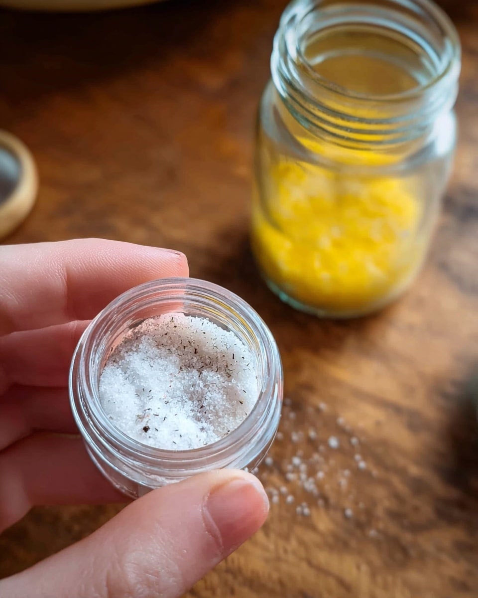 A close-up image shows a woman's hand holding a small round container with a black lid in the left side foreground, and another woman's hand holding a clear glass jar filled with a pale yellow liquid close to the camera on the right side. The jar has embossed fruit patterns around the top half. The background is softly blurred, with warm wooden rails and neutral tones. The focus is on the jar and the small container with light reflections on the glass. Photo taken with an iphone --ar 4:5 --v 7