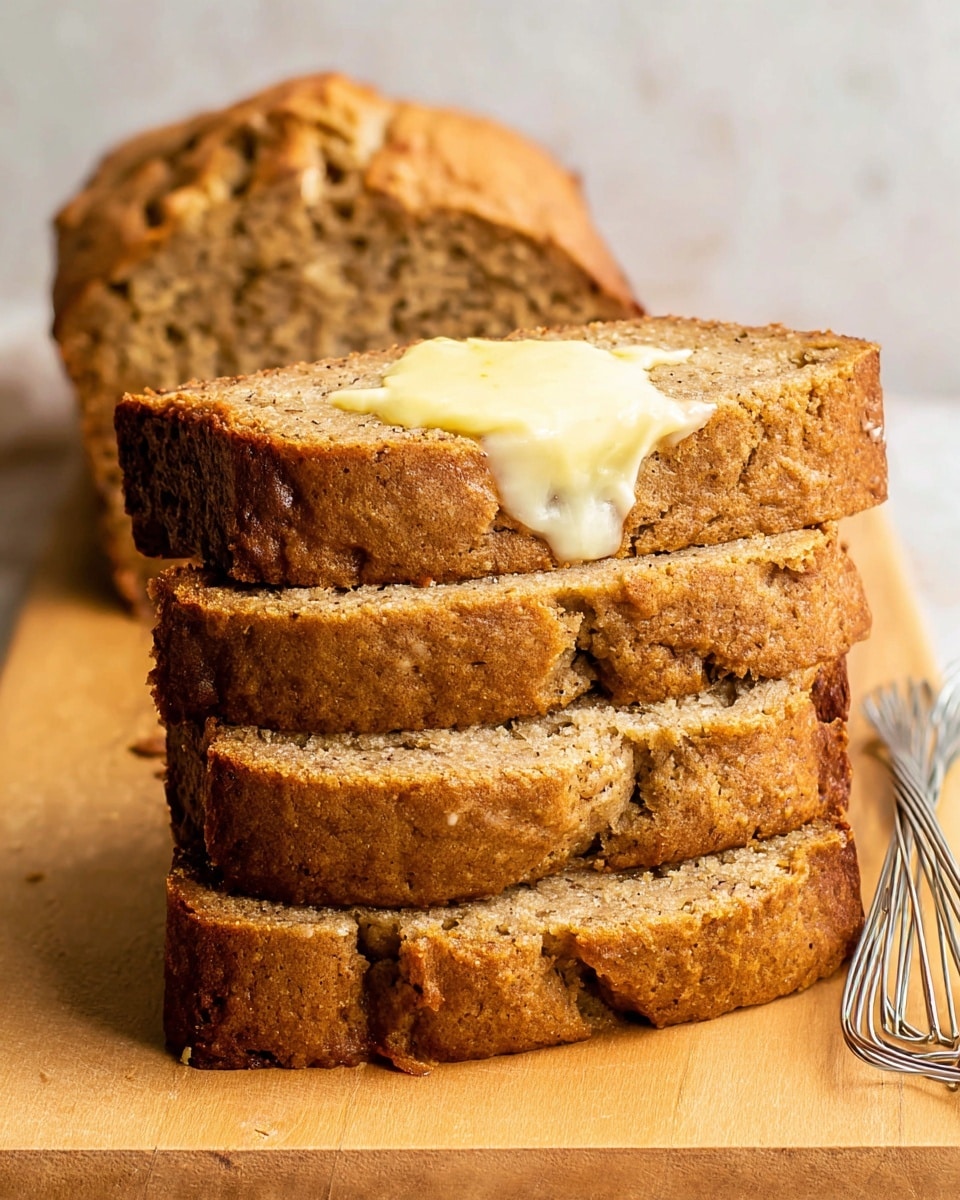 A stack of four thick slices of brown banana bread is shown on a light wooden board with a white marbled texture background. The top slice has a light yellow spread of butter melting slightly, giving it a shiny texture. The bread looks soft and moist with a rough, grainy surface and visible small bits of banana inside. The loaf behind the stack is whole and golden brown with some cracks on the top crust. A silver whisk lies to the right side of the stack. Photo taken with an iphone --ar 4:5 --v 7