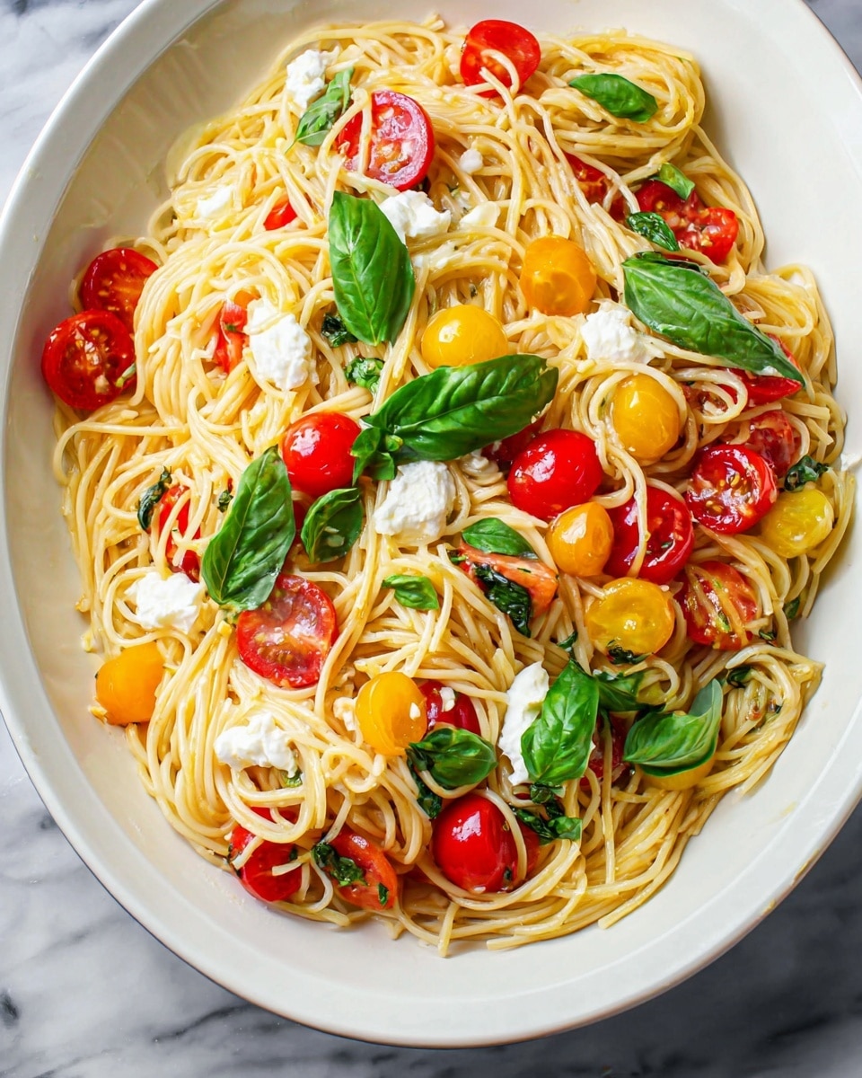 A white plate filled with a large serving of spaghetti pasta, lightly coated with oil, mixed with halved red and yellow cherry tomatoes scattered throughout. Fresh green basil leaves are placed on top and mixed within the pasta, adding bright green spots that contrast with the strands. There are small dollops of white creamy cheese spread unevenly around the dish, giving a soft texture against the shiny tomatoes and smooth pasta. The plate rests on a white marbled surface, showing a close-up view of the colorful and fresh pasta dish photo taken with an iphone --ar 4:5 --v 7