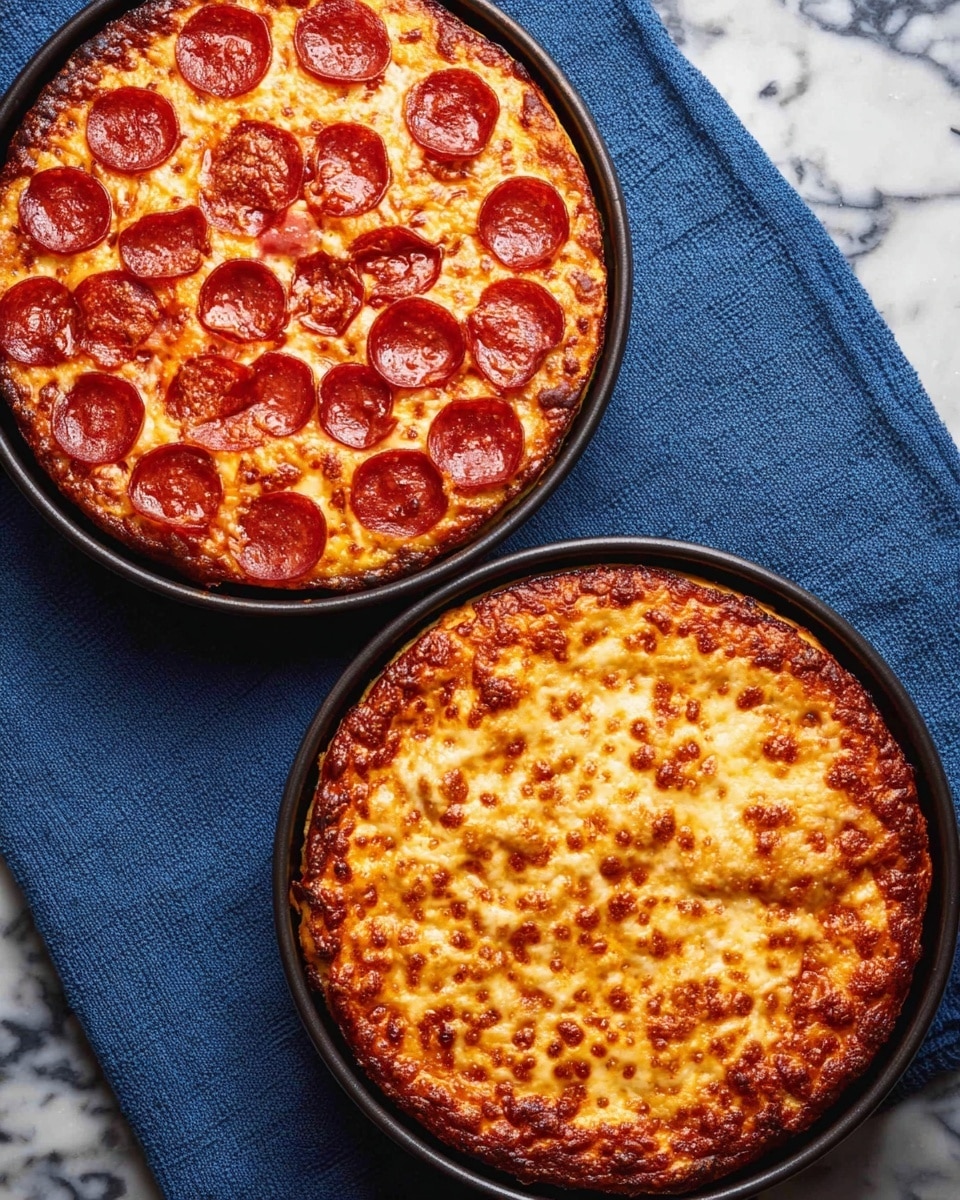Two deep-dish pizzas sit side by side on a blue cloth over a white marbled surface. Both pizzas have a golden, slightly crispy cheese layer on top with some browned spots. The upper pizza is topped with many shiny, round pepperoni slices evenly spread on the cheese. The lower pizza shows only the cheese layer browned nicely to a mix of golden and darker orange hues without any toppings, all held in black round pans. photo taken with an iphone --ar 4:5 --v 7