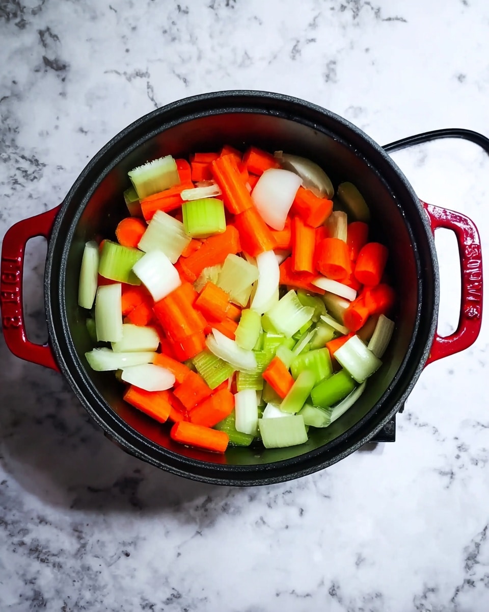 A black pot with red handles sits on a white marbled surface. Inside the pot, there are three layers of vegetables: bright orange carrot pieces, light green celery sticks, and white onion chunks. The vegetables are cut into medium-sized pieces and spread evenly across the pot's surface. The pot is plugged in and appears ready for cooking. photo taken with an iphone --ar 4:5 --v 7
