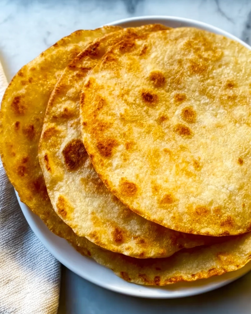 The image shows three round, golden-brown fried tortillas stacked partially overlapping each other on a white plate. The tortillas have a crispy texture with uneven brown spots, indicating they are cooked well, and slightly puffed areas that give a light and airy look. The edges of the tortillas are slightly curled up, adding layer and depth to the stack. The plate sits on a white marbled surface with a cloth napkin visible on the side. Photo taken with an iphone --ar 4:5 --v 7