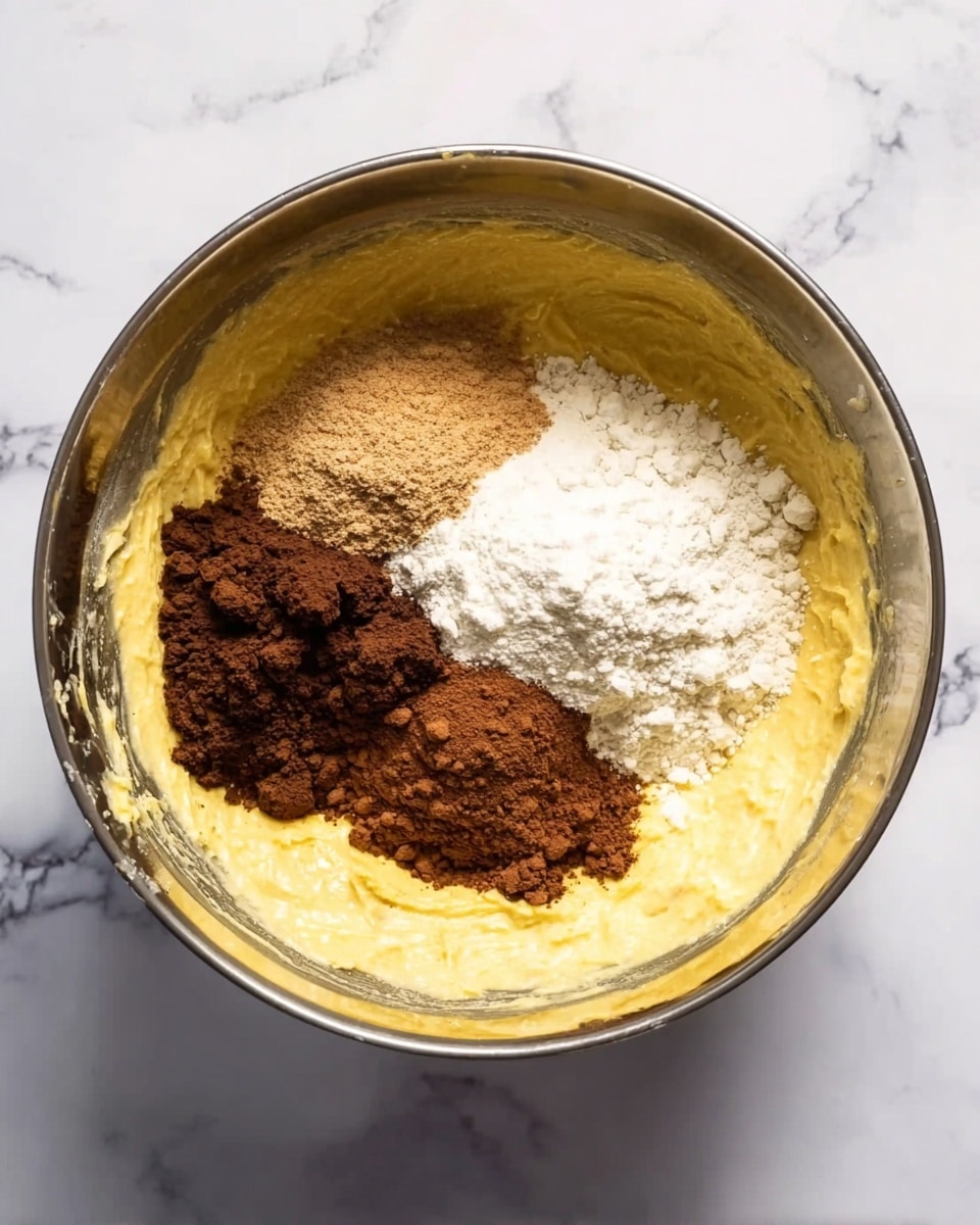 A metal bowl filled with a creamy yellow batter forms the base layer covering the bottom and sides. On top, three separate piles of dry ingredients sit: a large mound of white flour on the right, a dark brown cocoa powder mound below it, and a smaller mound of light brown powder above the cocoa and flour. The bowl is placed on a white marbled surface. The photo taken with an iphone --ar 4:5 --v 7