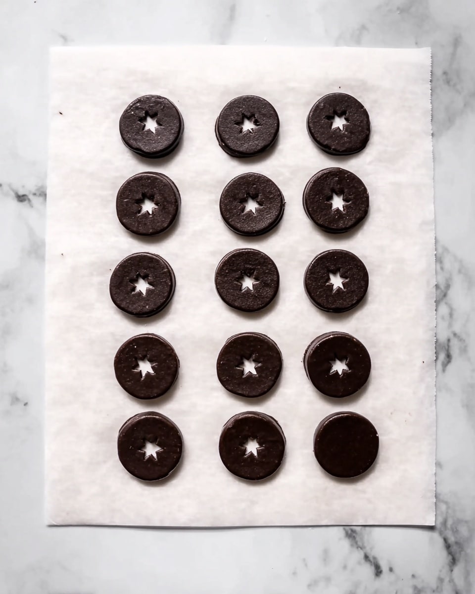 The image shows a sheet of white parchment paper placed on a white marbled surface. On the parchment, there are 20 round chocolate dough pieces arranged in four uneven rows. Each dough piece is dark brown and smooth, with half of them having a small star-shaped cutout in the center, revealing the white parchment beneath. The dough pieces without the star cutout are solid dark brown disks. The lighting is even, highlighting the texture of the dough and the clean white background. Photo taken with an iphone --ar 4:5 --v 7