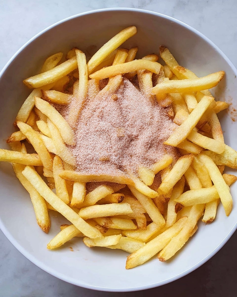 A white bowl filled with one layer of golden-yellow French fries, some with slightly browned edges, giving them a crispy look. On top of the fries is a light dusting of fine pinkish powder spread unevenly in the center. The fries have a slightly shiny texture from oil. The bowl rests on a white marbled surface. Photo taken with an iphone --ar 4:5 --v 7