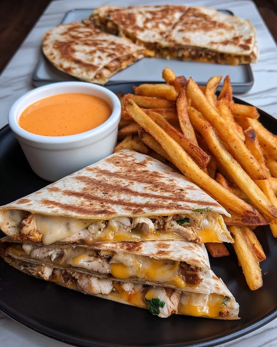 A black plate holds two folded quesadilla quarters stacked on each other, showing a layered filling of melted cheese and seasoned chicken mixed with herbs inside a toasted, light brown tortilla. Behind them is a pile of golden-brown seasoned fries with a slightly crispy texture, scattered around a small white ramekin filled with creamy orange cheese sauce. At the back of the plate, there is another quesadilla quarter resting flat, next to a white ramekin containing a reddish-orange dipping sauce. The plate is set on a table with a white marbled texture. photo taken with an iphone --ar 4:5 --v 7