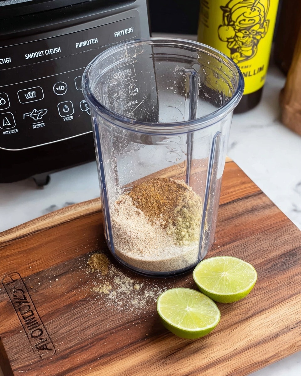 A clear blender container sits on a brown wooden cutting board with the word