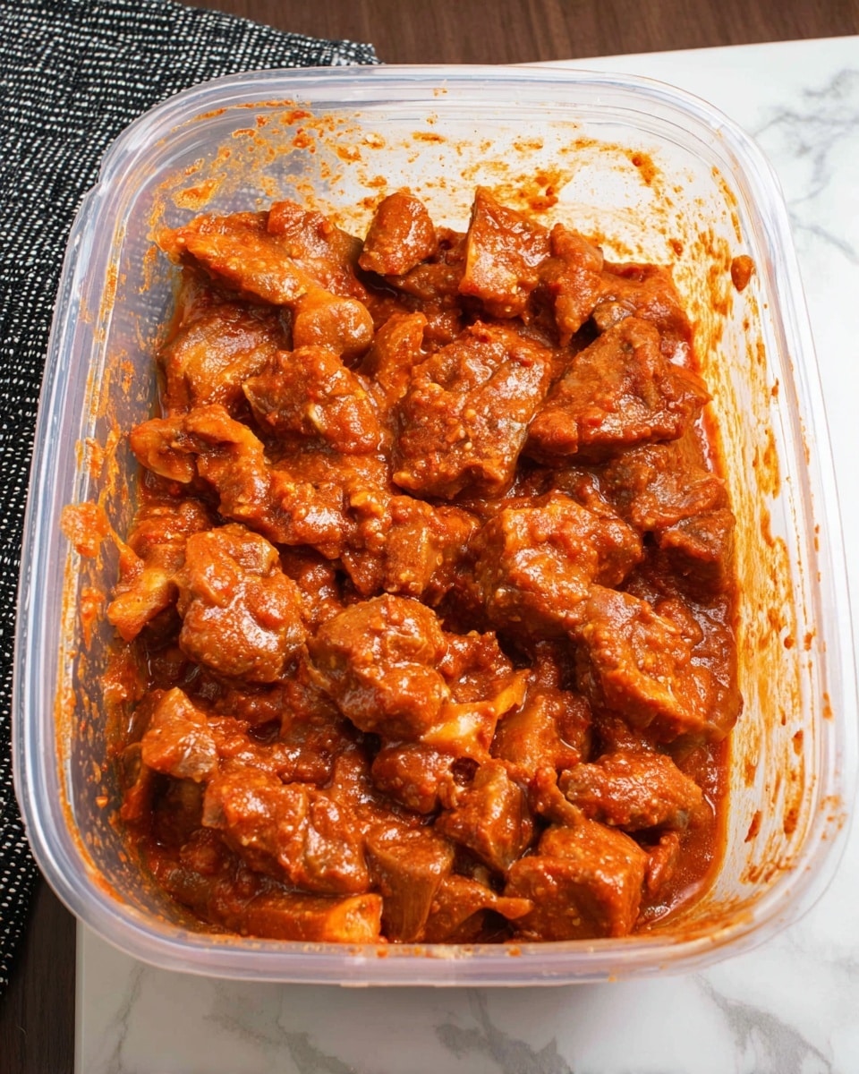 A clear plastic container filled with small, thick pieces of meat covered evenly in a rich, reddish-orange sauce that looks thick and slightly oily. The meat pieces are arranged closely together, some edges showing a bit of lighter color under the sauce. The inside walls of the container have smears of the sauce, adding texture to the smooth plastic. The container is placed on a white marbled surface with part of a black and white cloth in the background. photo taken with an iphone --ar 4:5 --v 7