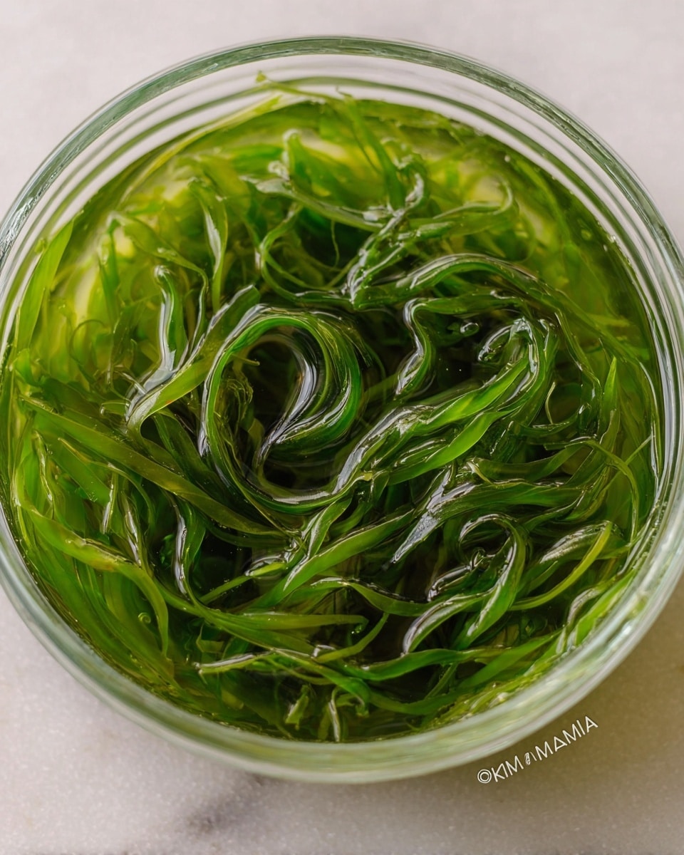 A clear glass bowl filled with thin, long green seaweed submerged in water, the seaweed strands swirl gently around each other showing their smooth, slightly shiny texture. The bowl sits on a white marbled surface. Photo taken with an iphone --ar 4:5 --v 7