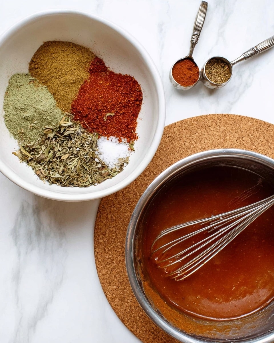 The first image shows a white bowl with four separate piles of spices inside: a green powdered spice on the top left, a red coarse spice with salt below it on the bottom left, and dried green leaves on the right. The bowl is on a white marbled surface and nearby are two metal measuring spoons, one with a brown powder and the other empty. The second image shows a metal bowl with reddish-brown sauce being mixed by a metal whisk inside the bowl, which rests on a round cork coaster on the same white marbled surface. photo taken with an iphone --ar 4:5 --v 7