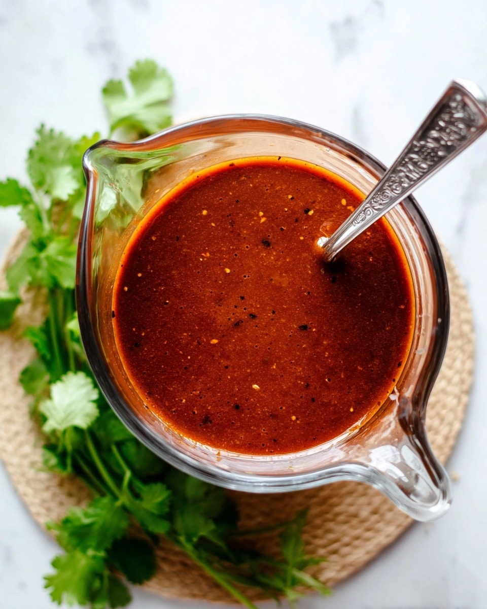 A clear glass measuring cup filled with one layer of thick reddish-brown sauce with small black and darker specks, creating a rich, textured surface. Inside the sauce, a silver spoon with an engraved pattern handle stands upright. The cup is set on a white marbled surface with a round beige mat beneath it and fresh green cilantro leaves placed around the base of the cup. The image is taken from above, showcasing the vibrant sauce and fresh herb contrast. photo taken with an iphone --ar 4:5 --v 7