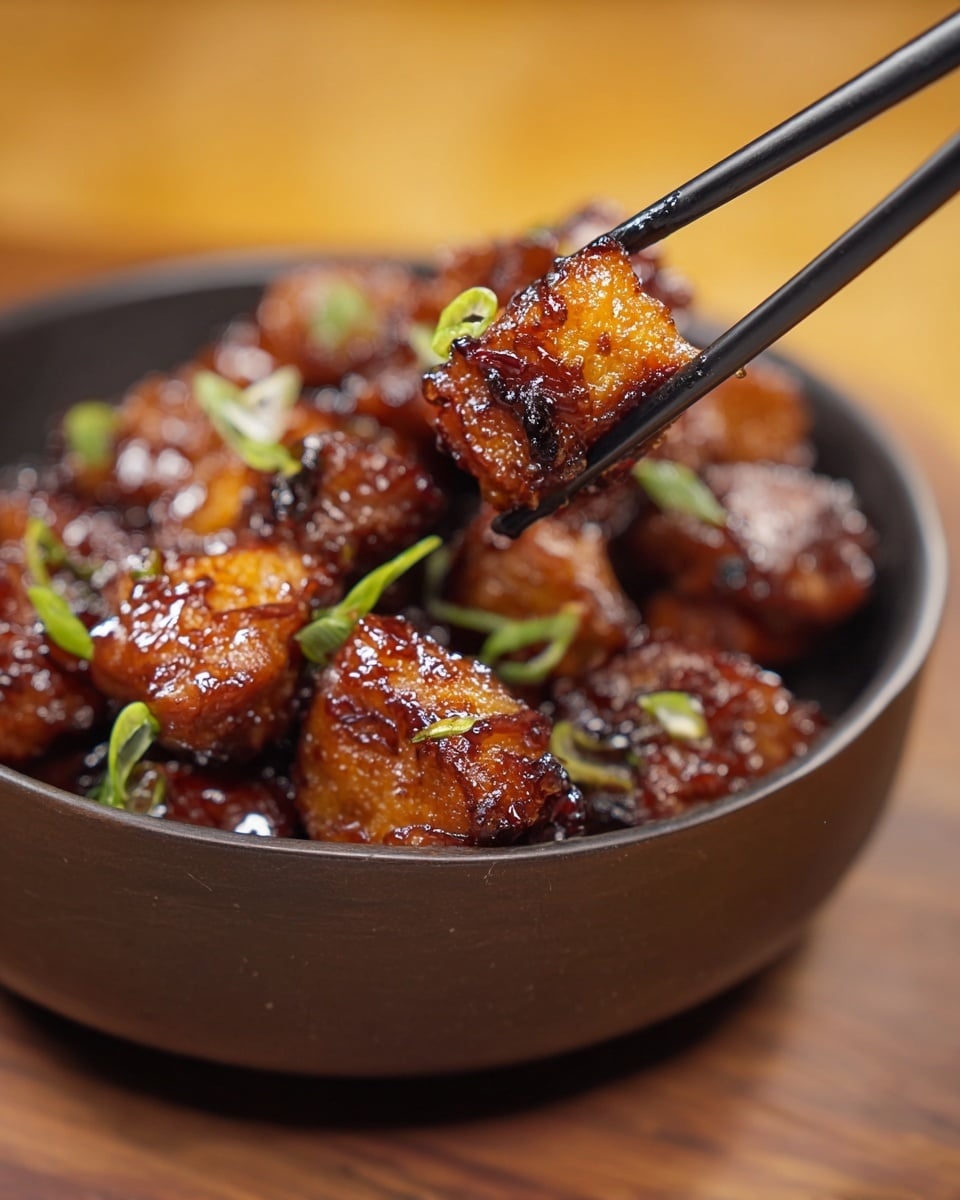 A close-up of shiny, golden-brown glazed pieces of meat with a slightly crispy texture held by black chopsticks above a dark brown bowl filled with more of the same glazed meat pieces, garnished with small green onion slices. The background is a soft focus light wooden surface. photo taken with an iphone --ar 4:5 --v 7