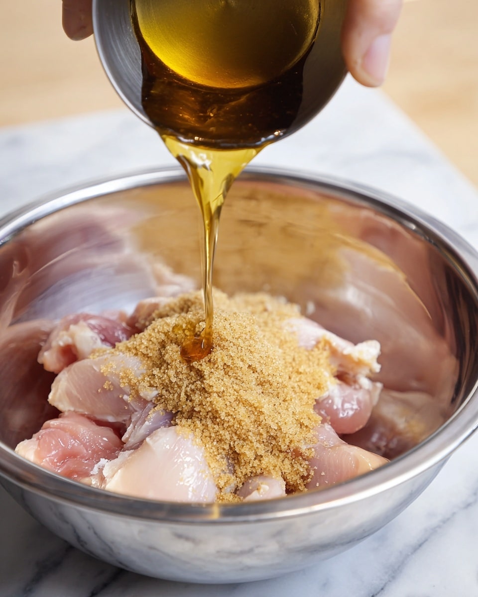 A metal bowl sits on a white marbled surface filled with raw pieces of light pink chicken. On top of the chicken, there is a heap of light brown sugar with a grainy texture. From above, a woman's hand gently pours thick golden honey from a small metal cup, creating a smooth, flowing stream that lands on the brown sugar and chicken layers below. The bowl's shiny, reflective surface contrasts with the soft textures of the chicken and sugar. Photo taken with an iphone --ar 4:5 --v 7