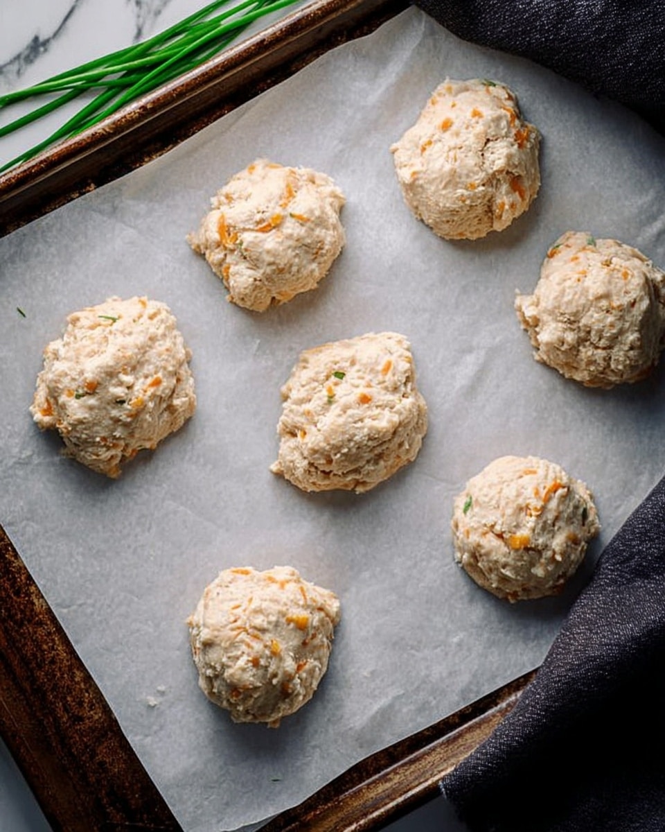 Six uneven, rough mounds of pale dough with small orange and beige bits mixed in are placed on a sheet of white parchment paper, which covers a dark baking tray with slightly worn edges. The tray sits on a white marbled surface with a few green chives peeking in from the top left corner and a dark cloth on the right side. The dough looks soft and sticky, each mound irregular in shape and spaced apart. Photo taken with an iphone --ar 4:5 --v 7