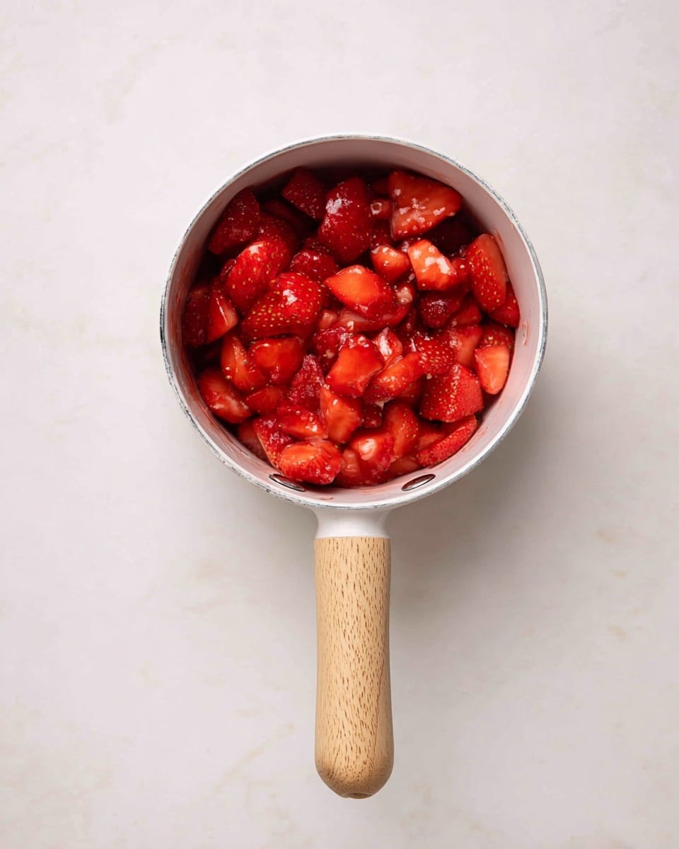 A small white pot with a light wood handle filled with chopped strawberries, showing multiple layers of bright red fruit pieces with visible seeds and shiny surfaces. The strawberries look juicy and fresh, covering the inside evenly, placed on a white marbled surface, photo taken with an iphone --ar 4:5 --v 7
