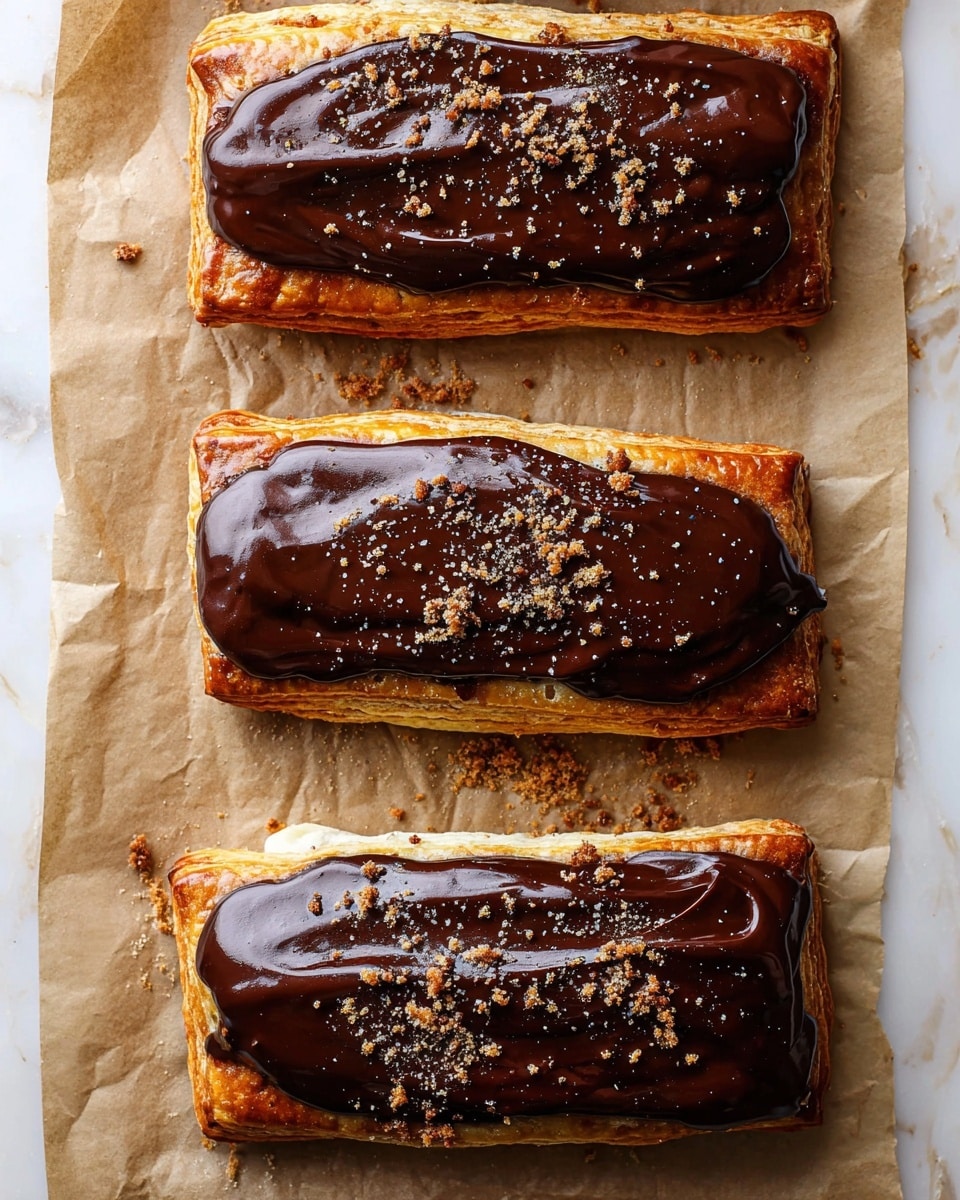 Three rectangular pastries are placed vertically on a brown parchment paper over a white marbled surface. Each pastry has a golden-brown, flaky crust base with visible fork marks around the edges. The top layer is covered with a thick, smooth, dark brown chocolate glaze that spreads unevenly beyond the crust’s edges. Small crumbs of a lighter brown topping are sprinkled over the chocolate layer, adding a slight crunch texture. The overall look shows a warm, freshly baked texture contrasting with the glossy chocolate. Photo taken with an iphone --ar 4:5 --v 7