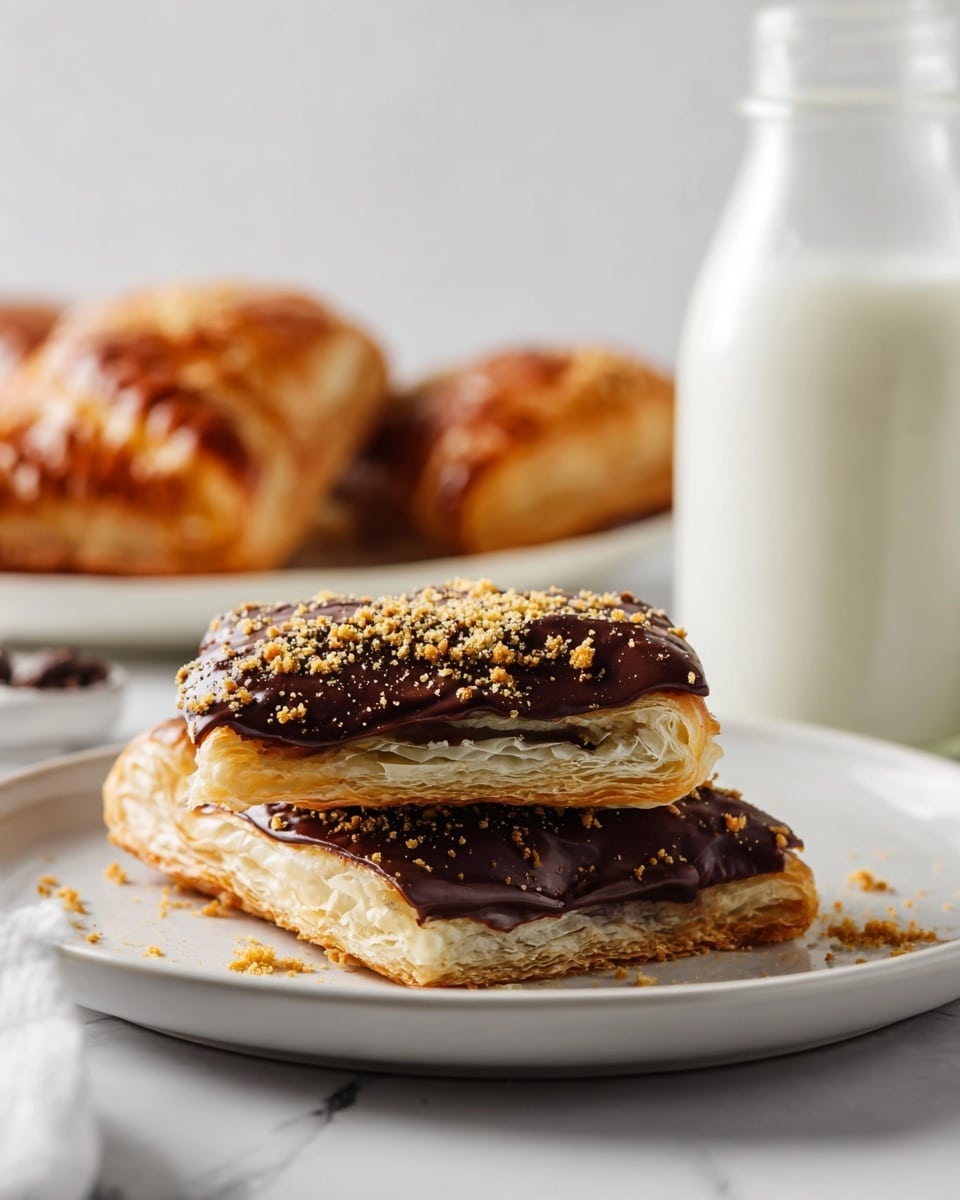 A white plate holds two layers of light, flaky puff pastry with a thin, dark brown nutty layer in between. The top pastry layer is covered with a thick layer of shiny dark chocolate and sprinkled with crumbled golden brown crumbs. In the background, there are more pastries blurred out and a glass bottle filled with white milk. All is set on a white marbled surface. Photo taken with an iphone --ar 4:5 --v 7
