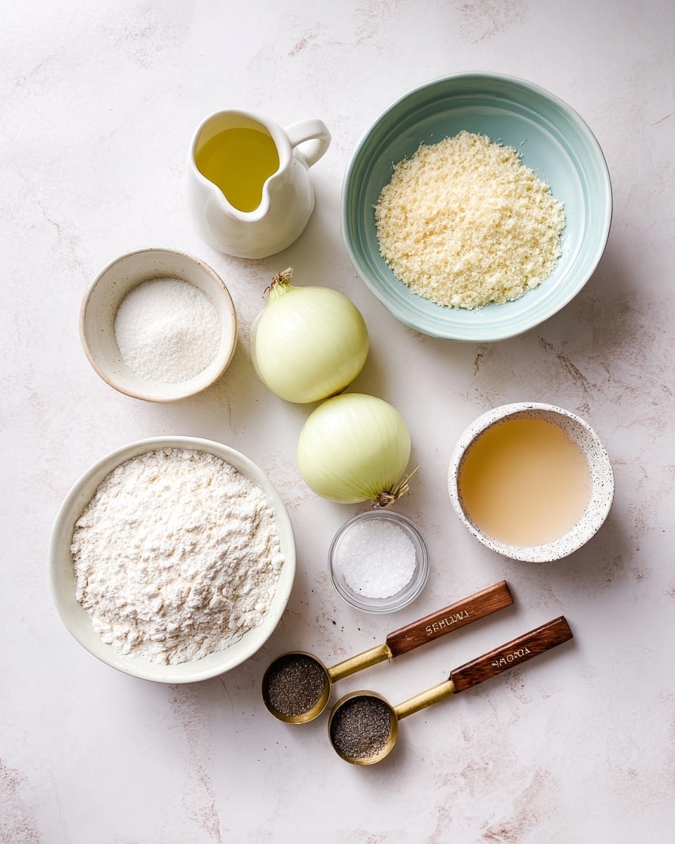 The image shows a flat lay of cooking ingredients arranged on a white marbled surface. There is a white bowl filled with flour at the bottom left, a small clear glass bowl containing baking powder to its right, and a small white bowl with an egg at the bottom right. Near the center, two whole peeled onions sit side by side in a white bowl with a soft gray rim. Above the onions is a light blue bowl filled with coarse crumbs or panko. To the left of this bowl is a white small pitcher with a pale yellow liquid inside. To the right of the blue bowl is a small white speckled pitcher filled with a golden liquid. Two wooden measuring spoons with brass heads and engraved measurements lay diagonally at the bottom left and right, with one holding a dark powder and the other some white salt. The whole setup is captured with soft natural light, creating a fresh and clean look. photo taken with an iphone --ar 4:5 --v 7
