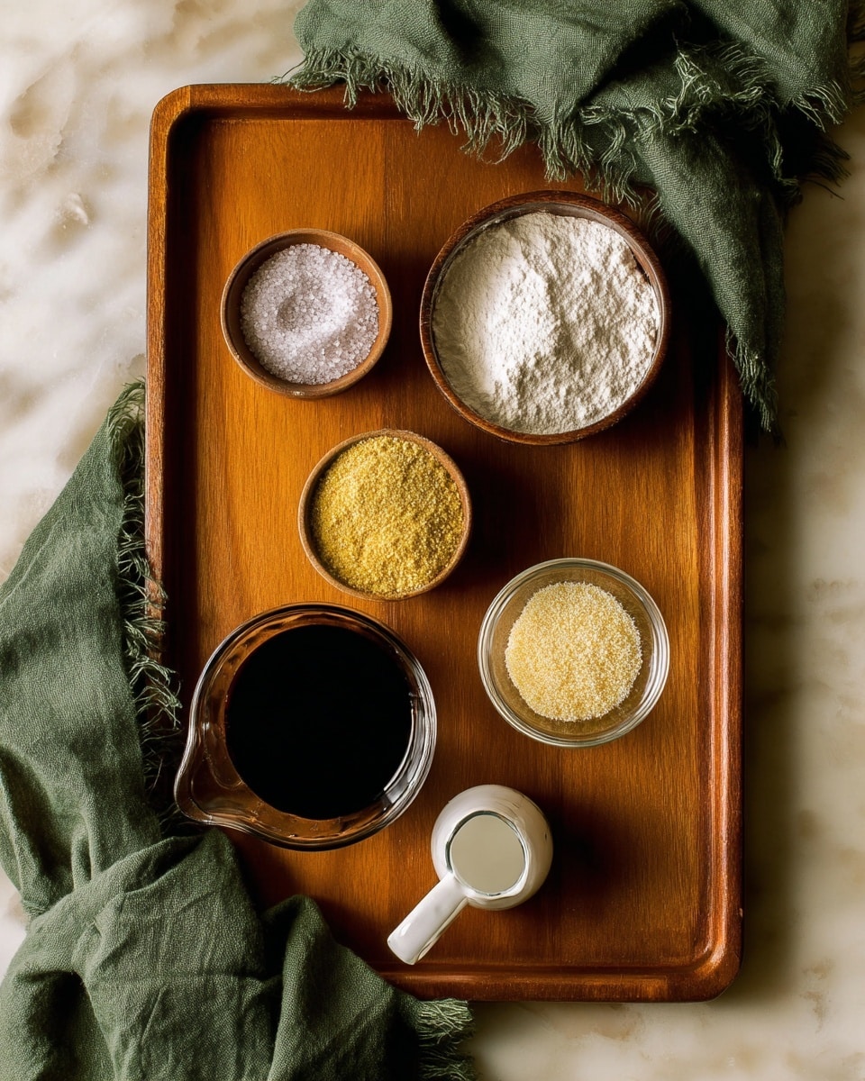 A wooden tray holds six ingredients arranged neatly: at the top left, there is a small wooden bowl filled with coarse salt, next to it in the center is a small pile of yellow ground spice, and at the top right, a clear glass bowl contains fine white powder. Below, from left to right, there is a small empty glass bowl, a white measuring cup filled with dark liquid, and at the bottom right, a small pile of light yellow granules is on the tray. A green cloth with frayed edges is draped over the top right corner of the tray. The tray is set on a white marbled surface. photo taken with an iphone --ar 4:5 --v 7