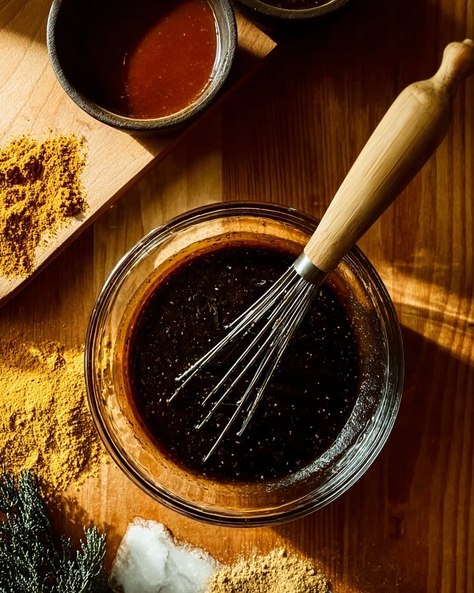 A clear round glass bowl sits on a wooden surface filled with a thick dark brown sauce mixed with small black seeds or spices, with a metal whisk that has a light wooden handle resting inside the bowl. Nearby, some powdered yellow and light brown spices are scattered on the wooden surface, with a white marbled texture partially visible. A small dark round bowl with a reddish-brown sauce is placed shadowed on the top left corner. The light creates soft shadows and warm highlights on the sauce and the wooden surface. photo taken with an iphone --ar 4:5 --v 7
