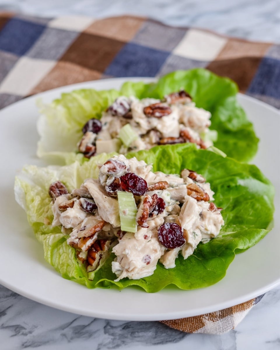 A white plate holds two bright green lettuce leaves placed side by side as the base layer. On top, there is a creamy chicken salad with chunks of white chicken mixed with light green celery pieces, dark red dried cranberries, and brown pecan nuts. The textures show the soft chicken, crunchy celery, and chewy cranberries, all coated lightly in a mayo-like dressing. The plate sits on a white marbled surface with a checkered cloth in soft blue, brown, and white tones nearby. Photo taken with an iphone --ar 4:5 --v 7