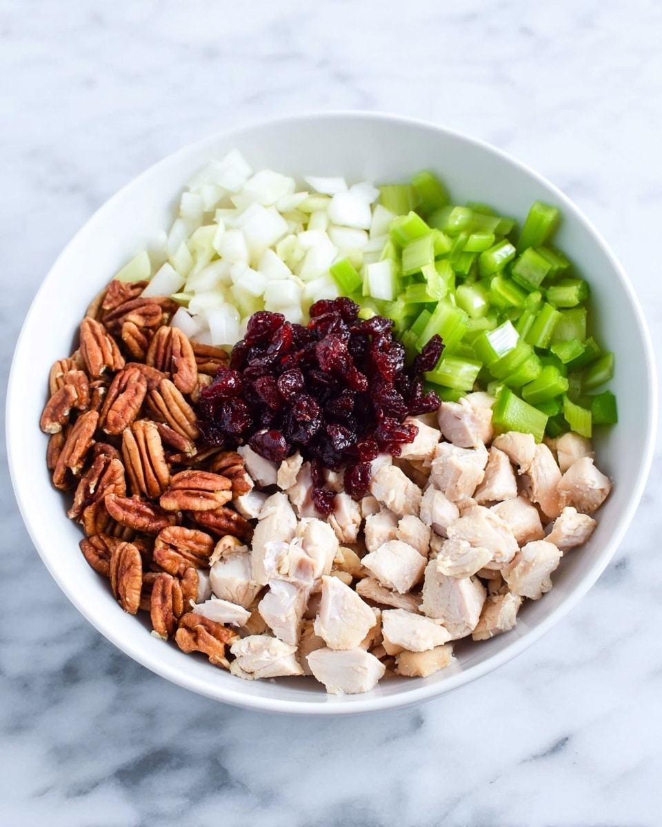 A white bowl sits on a white marbled surface, filled with five distinct sections of ingredients arranged side by side. Starting from the bottom right, there is a layer of small, light beige pieces of cooked chicken. Moving clockwise, a small pile of dark red dried cranberries is in the center, next to bright green chopped celery pieces at the top right. The top left contains finely chopped white onions, and at the bottom left, there are medium-sized brown pecan halves. Each section is neat and separate from the others. Photo taken with an iphone --ar 4:5 --v 7