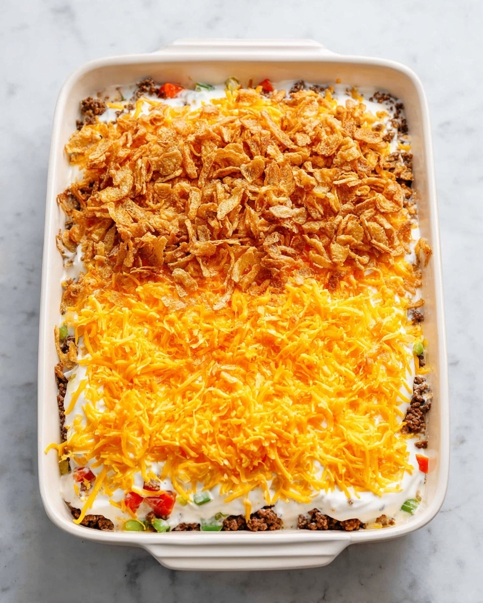 A white rectangular ceramic baking dish filled with four visible layers: the bottom layer is a mix of cooked ground beef pieces with bits of red and green vegetables peeking through; above it is a thick creamy white sauce covering the meat layer evenly; the third layer is bright orange shredded cheddar cheese spread across the dish; the top layer consists of crispy, light brown fried onion pieces scattered in a textured, uneven way. The dish sits on a white marbled surface. photo taken with an iphone --ar 4:5 --v 7