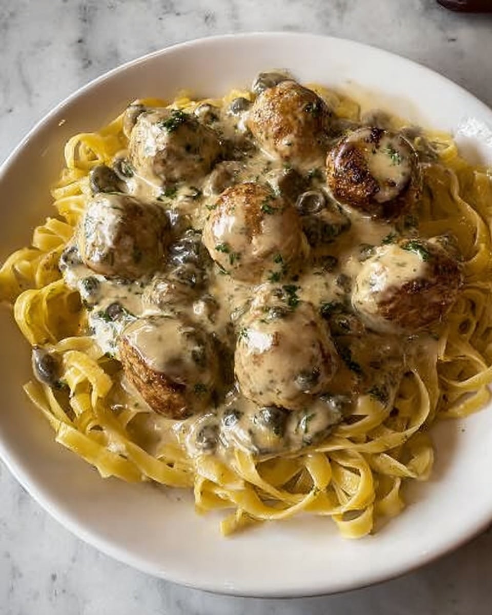 The dish shows a white plate filled with a bed of light yellow fettuccine noodles arranged in a loose pile around the edges. On top, there are about ten round, golden-brown meatballs with a slightly crispy texture. The meatballs are covered in a thick, creamy beige sauce mixed with small, dark green bits which may be herbs or vegetables. The sauce clings to the noodles under the meatballs and pools lightly around the plate. The whole plate is set on a white marbled surface. Photo taken with an iphone --ar 4:5 --v 7