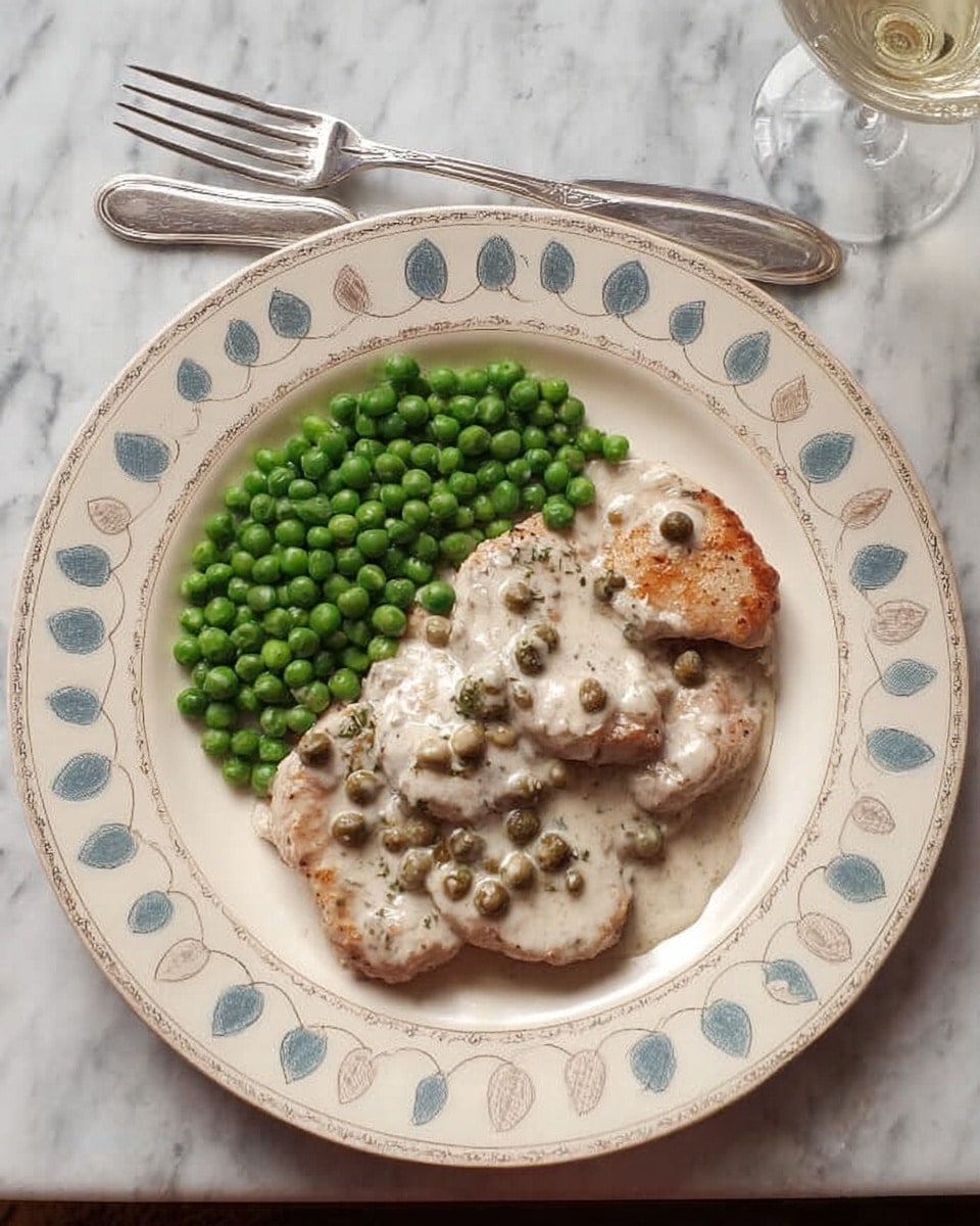 The image shows a white plate with a pattern of soft blue and beige shapes and leaves around the edge, placed on a white marbled textured surface. On the plate are several round slices of cooked meat covered in a creamy white sauce with whole green peppercorns. Next to the meat is a neat pile of bright green peas. A silver fork and knife sit on either side of the plate, and a clear glass is partially visible in the top right corner. photo taken with an iphone --ar 4:5 --v 7