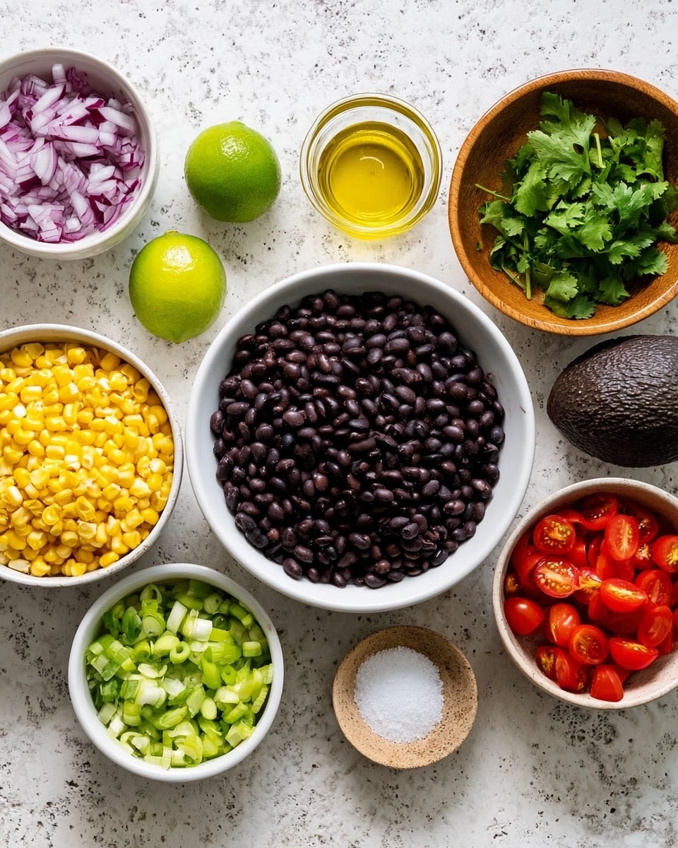The image shows a flat lay of ingredients on a white marbled surface. There is a white bowl in the center filled with shiny black beans, surrounded by other white bowls containing bright yellow corn kernels, chopped red tomatoes, and green sliced spring onions. A small clear glass bowl with golden olive oil sits near the black beans, while a wooden bowl with fresh green cilantro leaves is placed towards the top right. A small white dish holds salt and pepper next to two whole limes placed close together. A whole dark brown avocado is near the top center, and a round bowl with small pieces of purple-red onion is at the bottom left. The colors and textures of the ingredients contrast well against the marbled background. Photo taken with an iphone --ar 4:5 --v 7