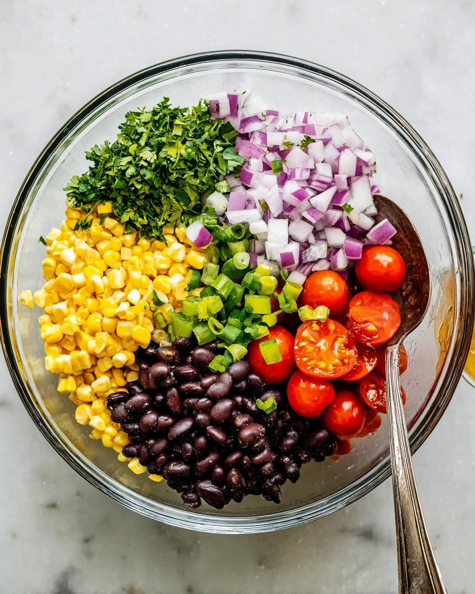A clear glass bowl sits on a white marbled surface, filled with six distinct layers of fresh ingredients arranged side by side without mixing. Starting from the top left, there is a small pile of finely chopped green cilantro, next to it are small cubes of purple and white onion. Below the onion is a layer of bright yellow roasted corn kernels, which look slightly browned and cooked. Moving clockwise, bright red cherry tomatoes are quartered and fresh looking. Next to the tomatoes are shiny, whole black beans, and topped over them are chopped green onions. A silver spoon rests inside the bowl, leaning on the edge near the onion layer. Photo taken with an iphone --ar 4:5 --v 7