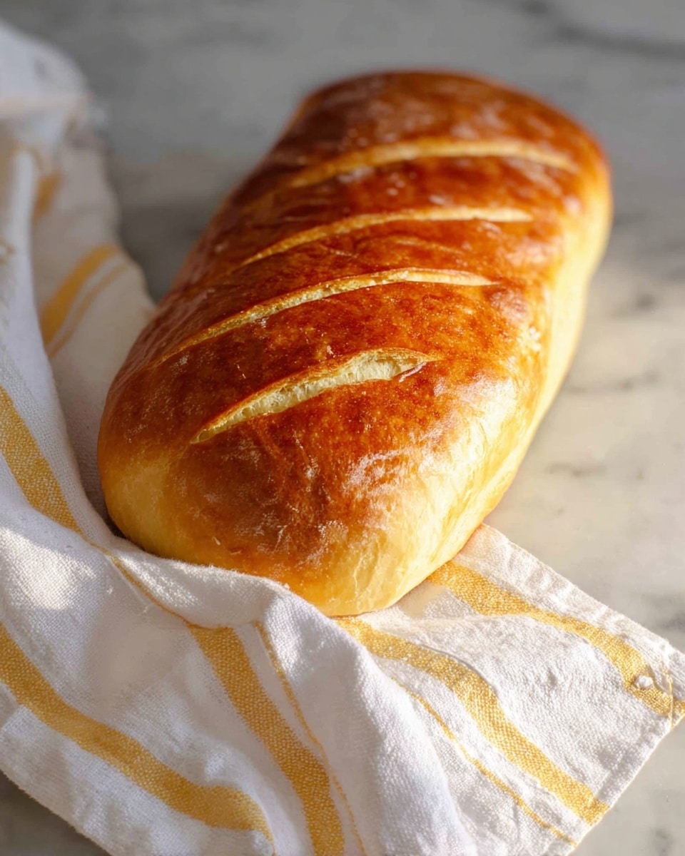 A single loaf of golden brown bread with a shiny crust rests on a white marbled surface. The loaf has five deep, even diagonal slashes on top, showing the soft, light yellow inside. Next to the bread, there is a white cloth with thin yellow stripes, slightly wrinkled. The scene is simple and clean with soft light highlighting the texture of the bread and cloth. photo taken with an iphone --ar 4:5 --v 7