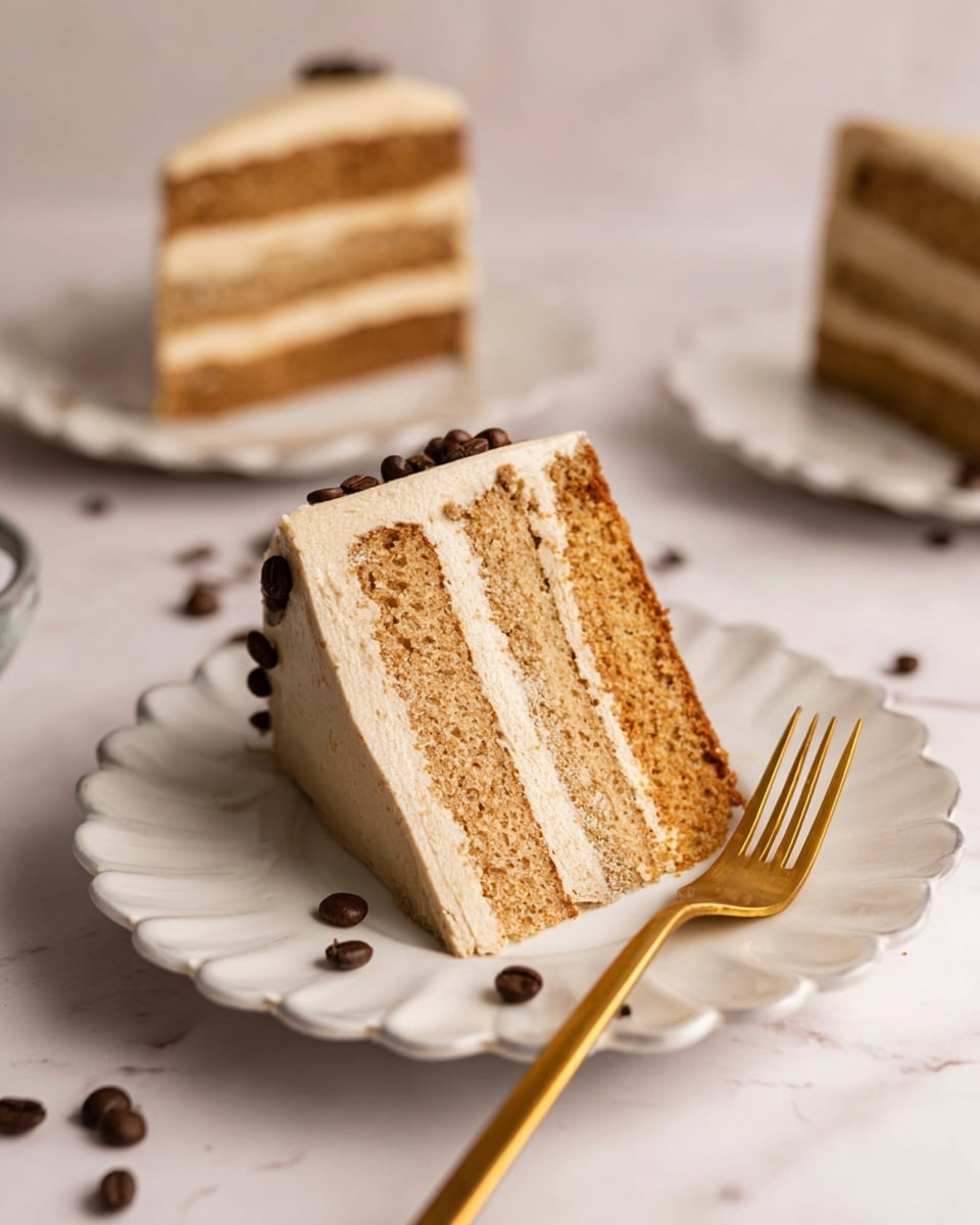 A slice of three-layer coffee cake sits on a white plate with a scalloped edge on a white marbled surface. Each layer of the cake is light brown with a soft texture, separated by smooth, creamy light beige frosting. The side of the cake is decorated with dark brown coffee beans. In front of the cake slice, there is a golden fork resting on the plate. In the background, another similar cake slice is on a matching white plate, slightly out of focus, with scattered coffee beans around the scene. photo taken with an iphone --ar 4:5 --v 7
