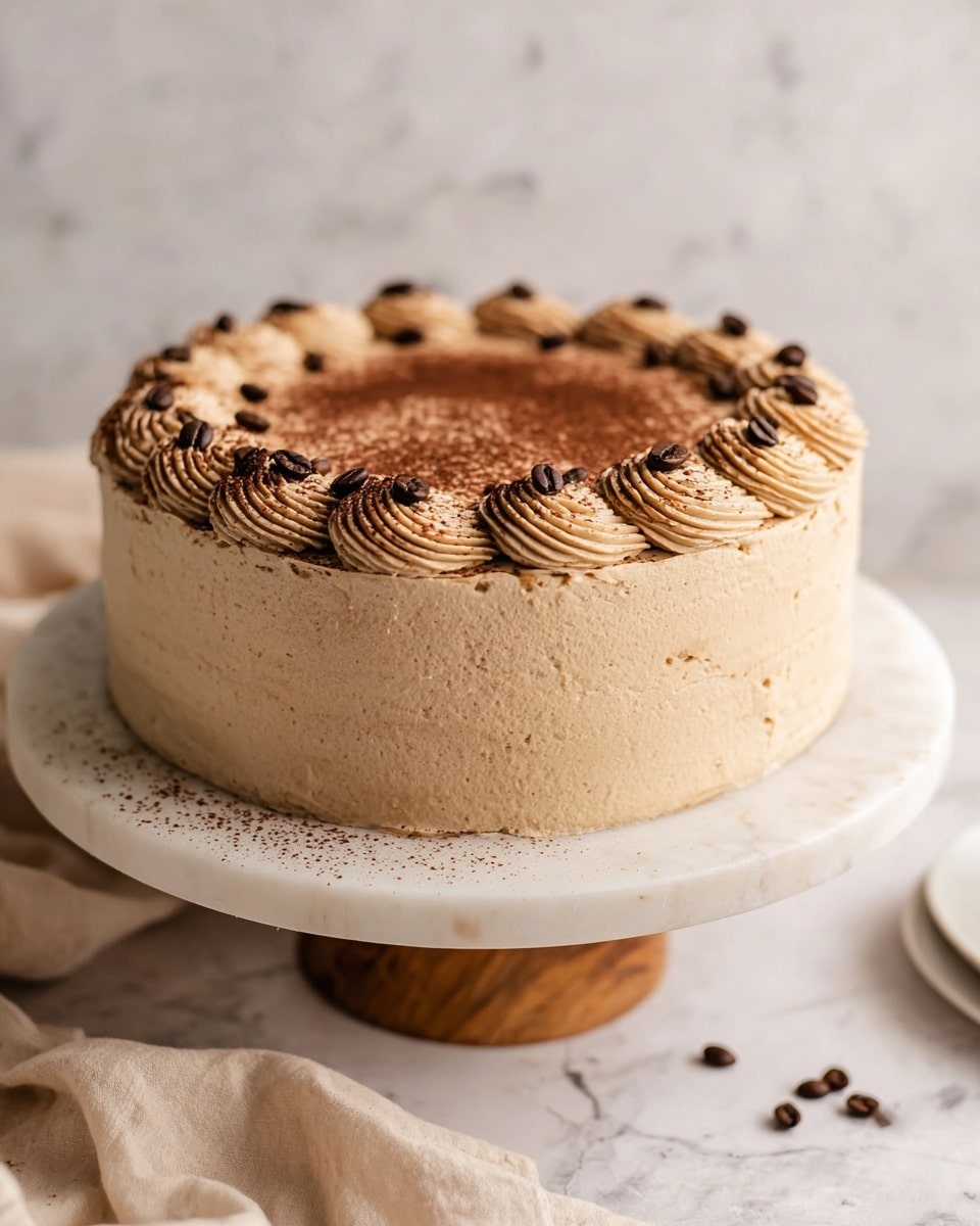 A round cake with light brown, smooth and fluffy frosting covers the whole cake in one even layer with visible soft swirls around the sides. On top, a thin dust of dark brown powder creates a soft border, dotted with whole coffee beans evenly spaced along the edge. The cake sits on a white marble cake stand with a wooden base, on a white marbled surface with a soft beige cloth and a few scattered coffee beans nearby. photo taken with an iphone --ar 4:5 --v 7