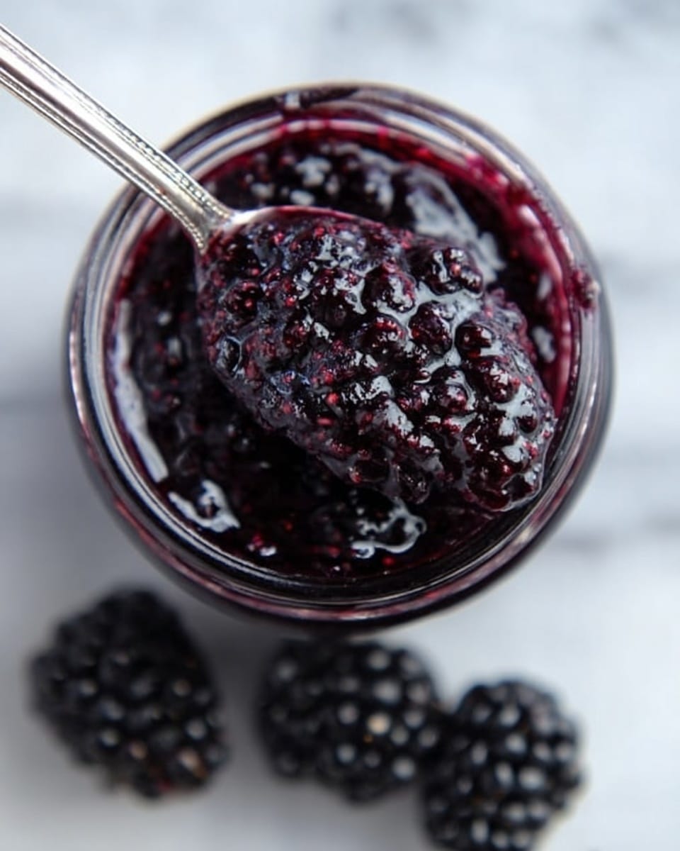 A close-up view of a glass jar filled with thick, dark purple blackberry jam, showing a shiny and rich texture. On top, a spoon holds a large scoop of the jam, revealing its chunky and sticky consistency with visible small fruit pieces. Behind the jar, three fresh blackberries lay softly blurred on a white marbled surface, adding natural contrast to the jam’s vibrant color. Photo taken with an iphone --ar 4:5 --v 7