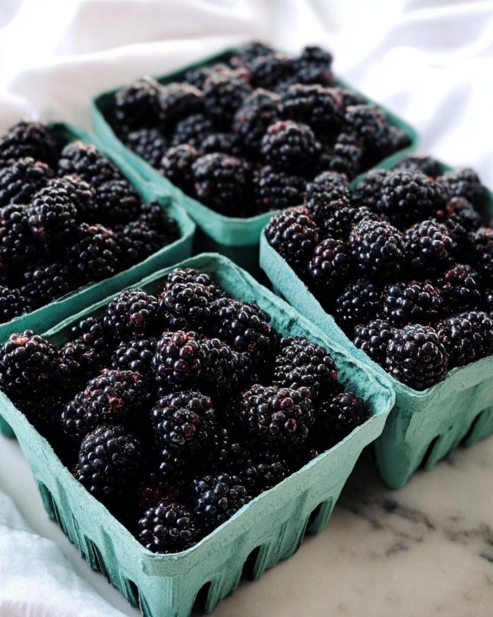 The image shows four green cardboard baskets filled with dark purple blackberries. Each basket is full and the blackberries have a shiny, bumpy texture with small highlights. The baskets are placed closely together on a surface with a white marbled texture. The background is soft and blurred, showing a white fabric draped gently behind the baskets. photo taken with an iphone --ar 4:5 --v 7