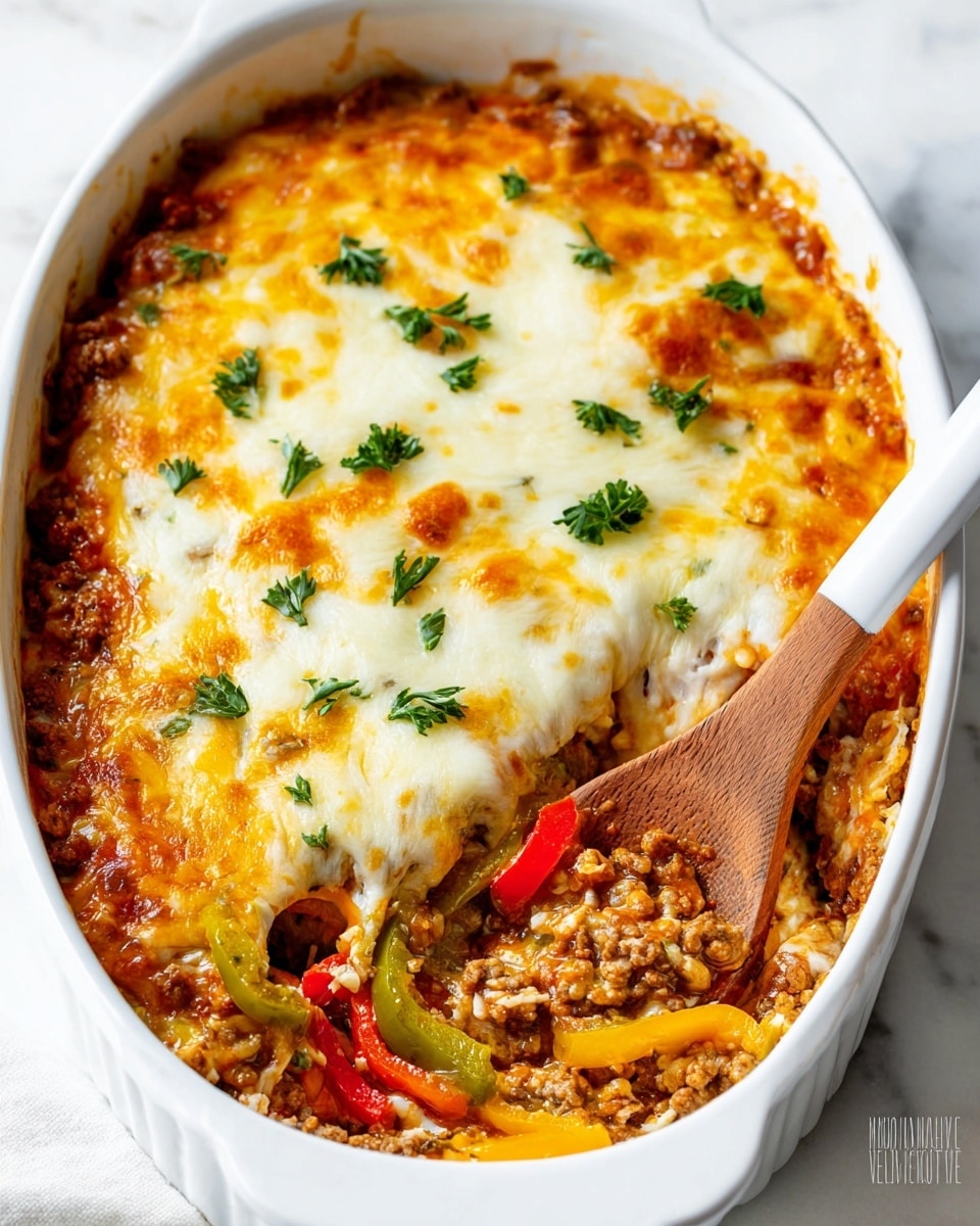 The dish shows a white oval baking dish filled with a layered casserole. The bottom layer is a mix of cooked ground meat and sliced bell peppers in green, red, and yellow, giving a colorful and textured base. On top is a thick, melted cheese layer that is golden brown in spots with some bubbly texture. Fresh green parsley pieces are scattered across the cheese, adding small bright green accents. A wooden spoon with a white handle rests inside the dish, partly scooping out some of the casserole, revealing the colorful layers underneath. The dish is placed on a white marbled surface. photo taken with an iphone --ar 4:5 --v 7
