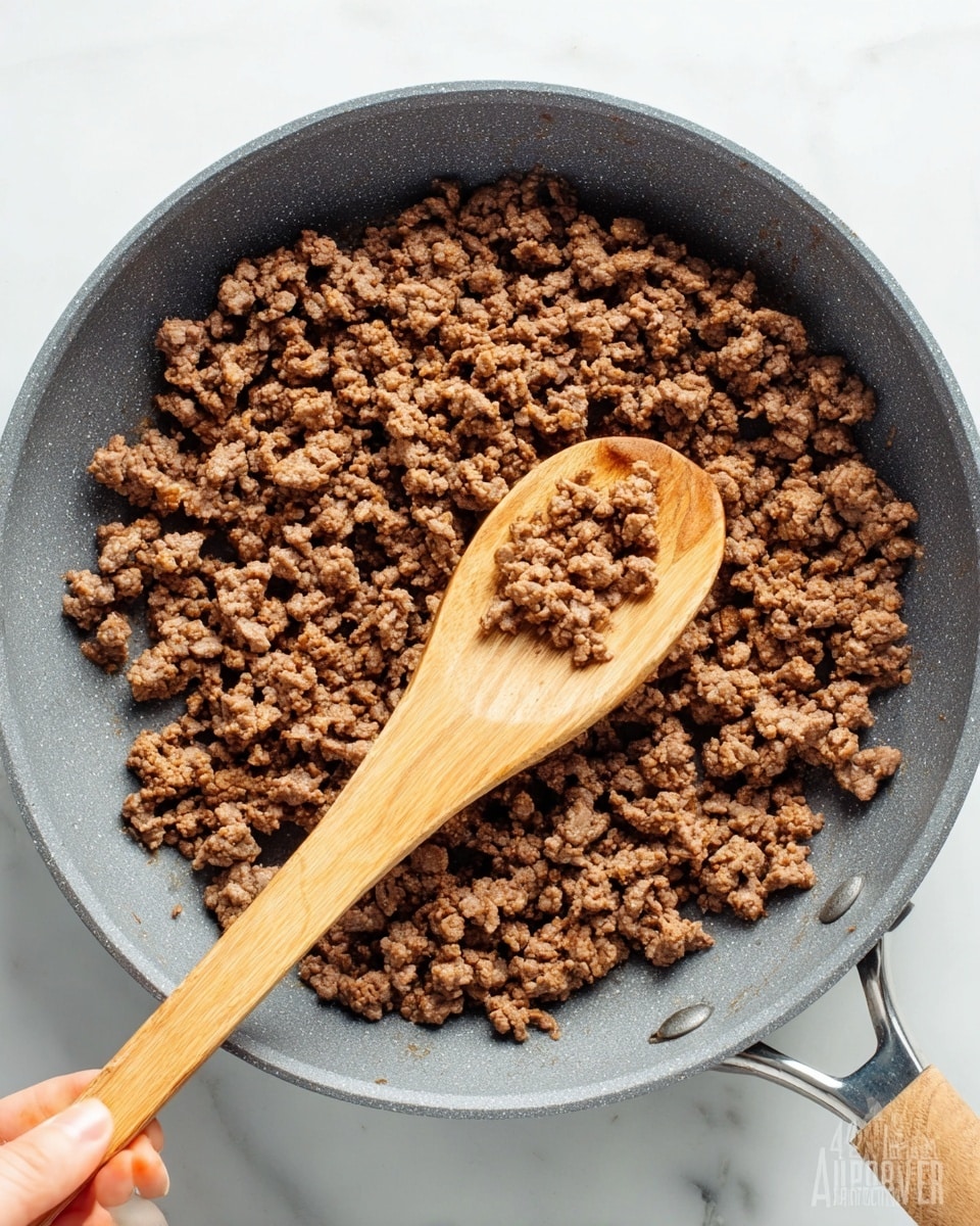 A gray frying pan filled with a single layer of cooked minced beef, evenly browned and crumbly in texture. A woman's hand holds a light wooden spoon that rests on the beef, with small pieces of meat gathered on the spoon. The shallow pan sits on a white marbled surface which adds a clean and bright background to the scene. The image shows close detail of the cooked meat and the pan. photo taken with an iphone --ar 4:5 --v 7