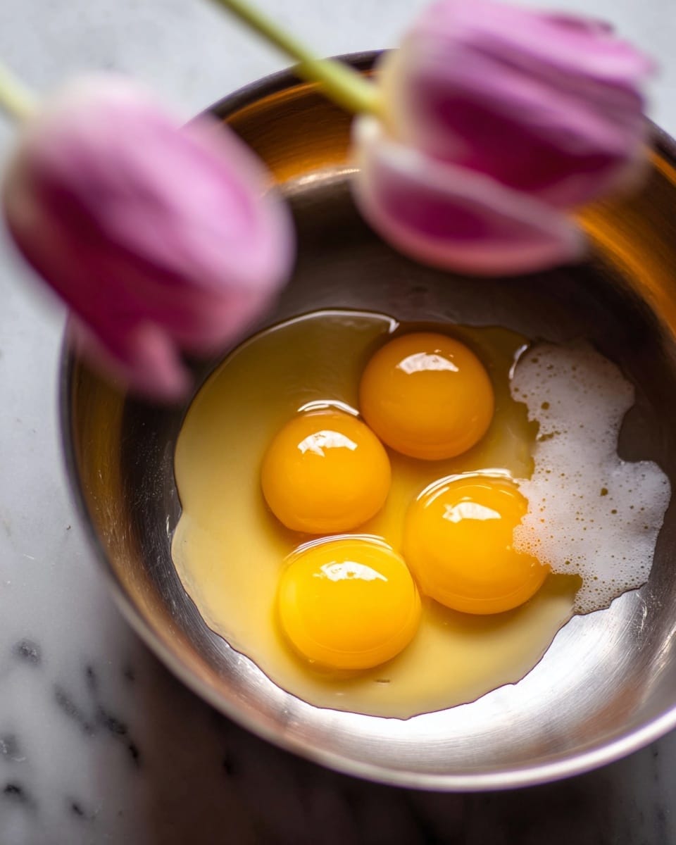 Inside a shiny metal pan, there are four raw egg yolks and some egg whites spread out in an uneven shape at the bottom center. Three yolks are fully round and bright yellow-orange, positioned close together. One yolk is slightly broken and mixed with egg whites which are clear and glossy. In the foreground, on the left side, two pink tulips are softly out of focus. The background surface is changed to a smooth white marbled texture. The light reflects softly off the shiny pan and the eggs, adding warmth and subtle shadows. photo taken with an iphone --ar 4:5 --v 7