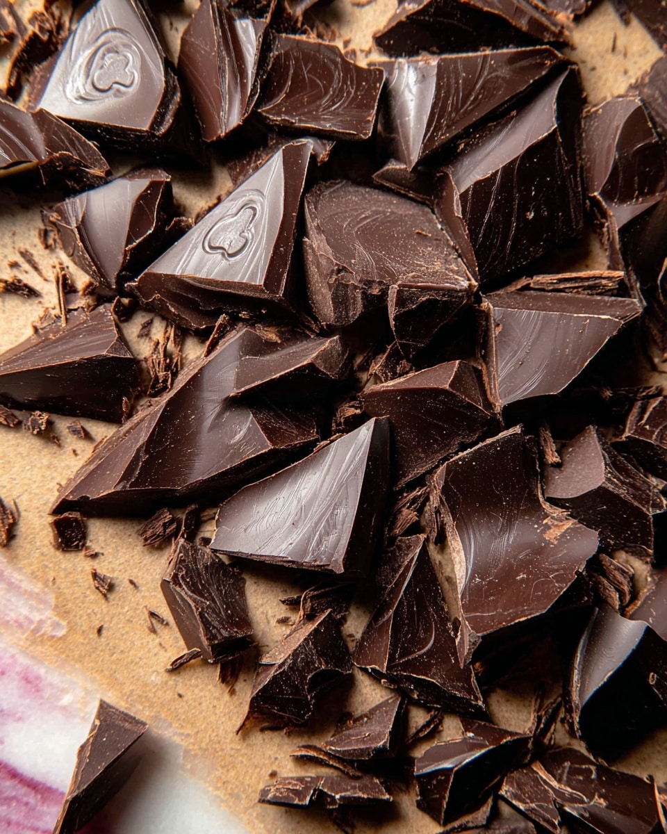 The image shows many broken pieces of dark chocolate spread out, with each piece having a smooth, shiny surface and a small heart shape embossed on top. The broken chocolate pieces vary in size, with some larger chunks and many small, thin shavings scattered around. The chocolate is dark brown and looks rich, resting on a base with a warm, slightly textured look under a white marbled surface in soft light. A small part of a woman's hand is visible at the bottom left, holding the edge of the chocolate pieces. photo taken with an iphone --ar 4:5 --v 7